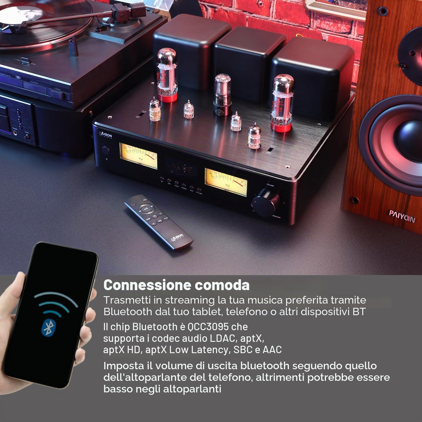 Juson Audio JTA200 150W RMS x 2 | EL34 HiFi Class AB Hybrid Stereo | Amplificatore tubolare con BT 5.4, compatibile con giradischi e cuffie ad alta ohm | Amplificatore tubolare da 150 W x 2, Hifi Class AB stereo amplificatore EL34, amplificatore tubolare