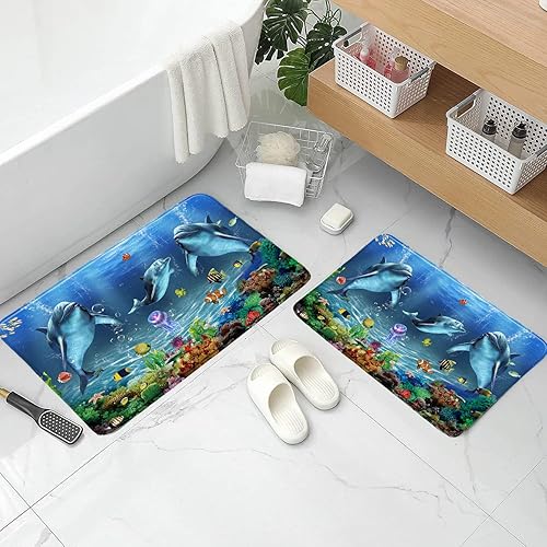 Miniatura 6 de Tapete de baño de dibujos animados de delfín azul para niños vida marina dibujos animados océano ballena verano animales marinos paisaje peces