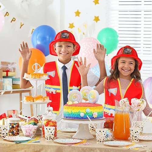 Miniatura 5 de Geyoga Juego de disfraz de bombero de 24 piezas, incluye 8 sombreros de bombero, 8 chalecos y 8 bolsas de mano, suministros de fiesta temática de
