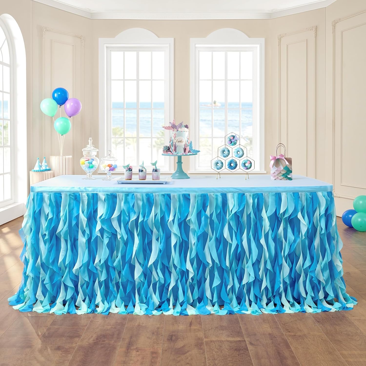 leegleri 6FT Tulle Ruffle Curly Willow Table Skirt for Rectangle or Round Tables, Under The Sea Ocean Blue Baby Shark Themed Tutu Table Skirt for Baby Shower, Birthday Party Baby Blue 72" x 72" (Rectangle;Round;Square)