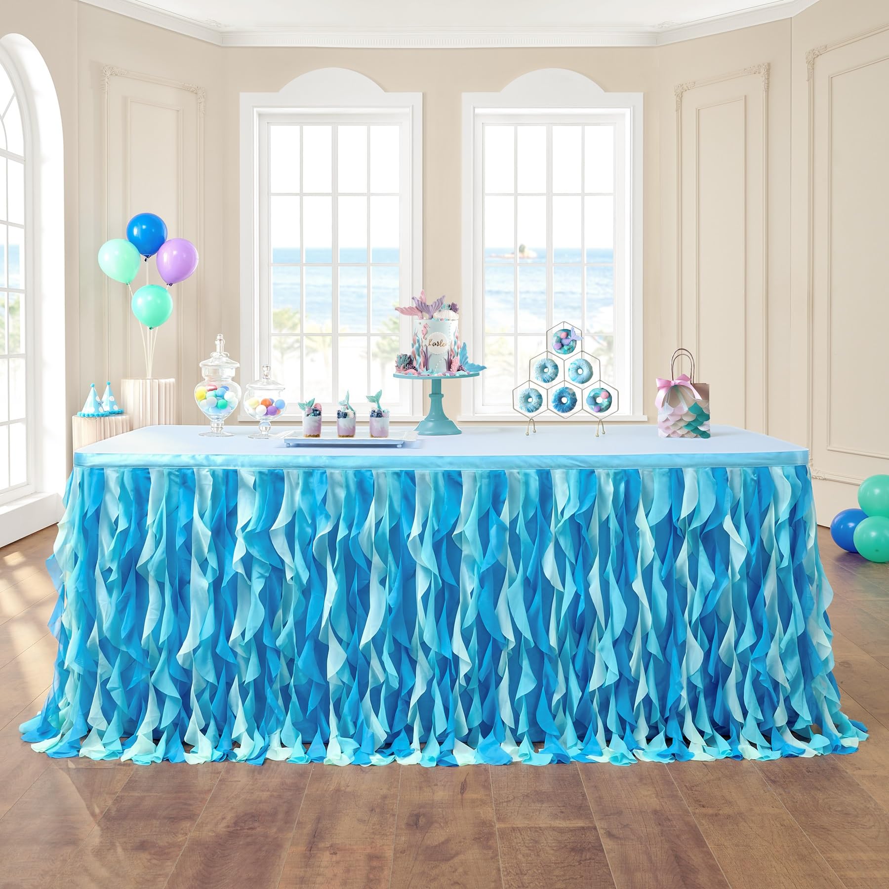 leegleri 6FT Tulle Ruffle Curly Willow Table Skirt for Rectangle or Round Tables, Under The Sea Ocean Blue Baby Shark Themed Tutu Table Skirt for Baby Shower, Birthday Party