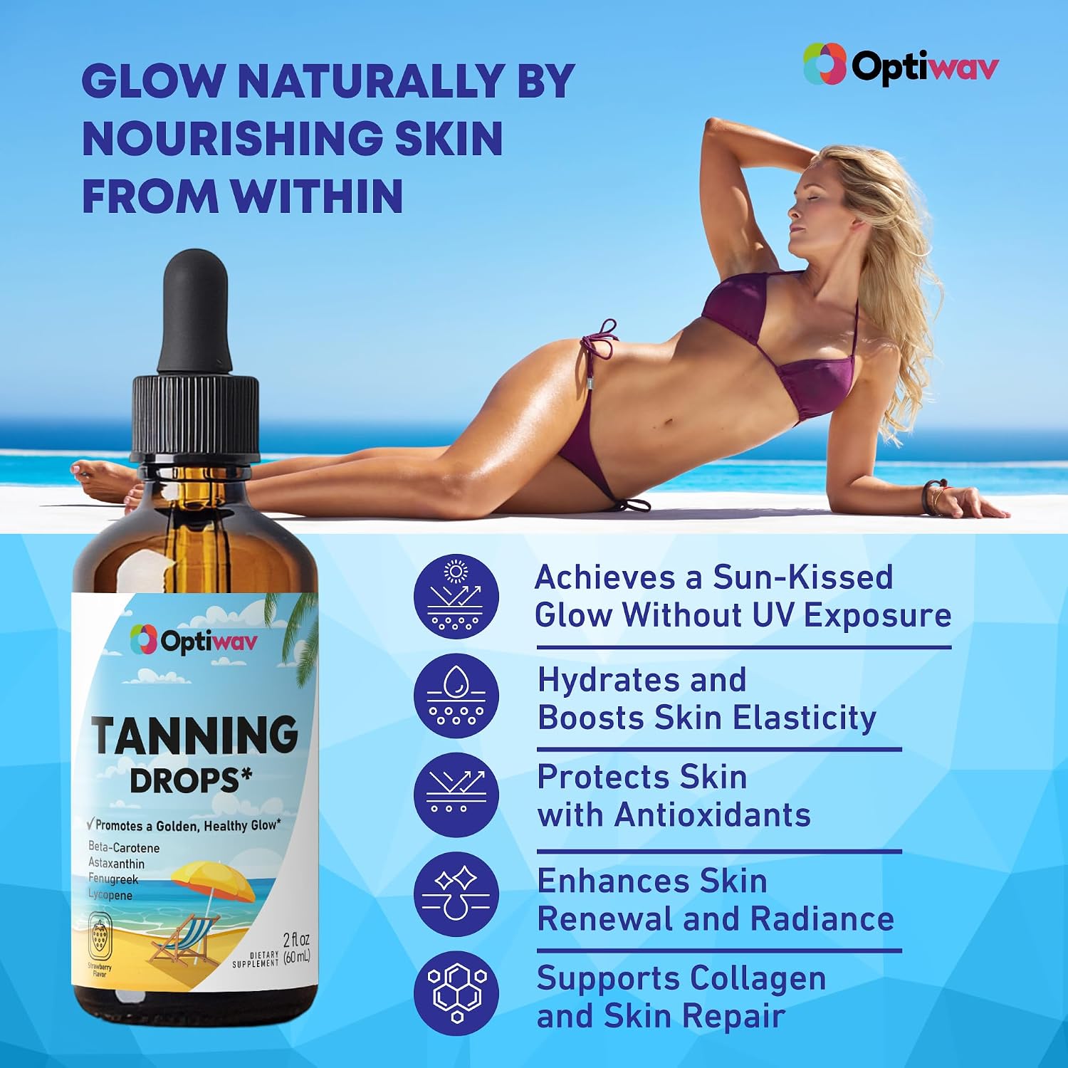 Sunless Tanning Drops to Drink - Drinkable Self Tan for Glow & Natural Radiant Skin Tone - Drinking Melanin Oral Liquid Tanner for Face Body Suitable for All Skin Types - Vegan Sugar Free
