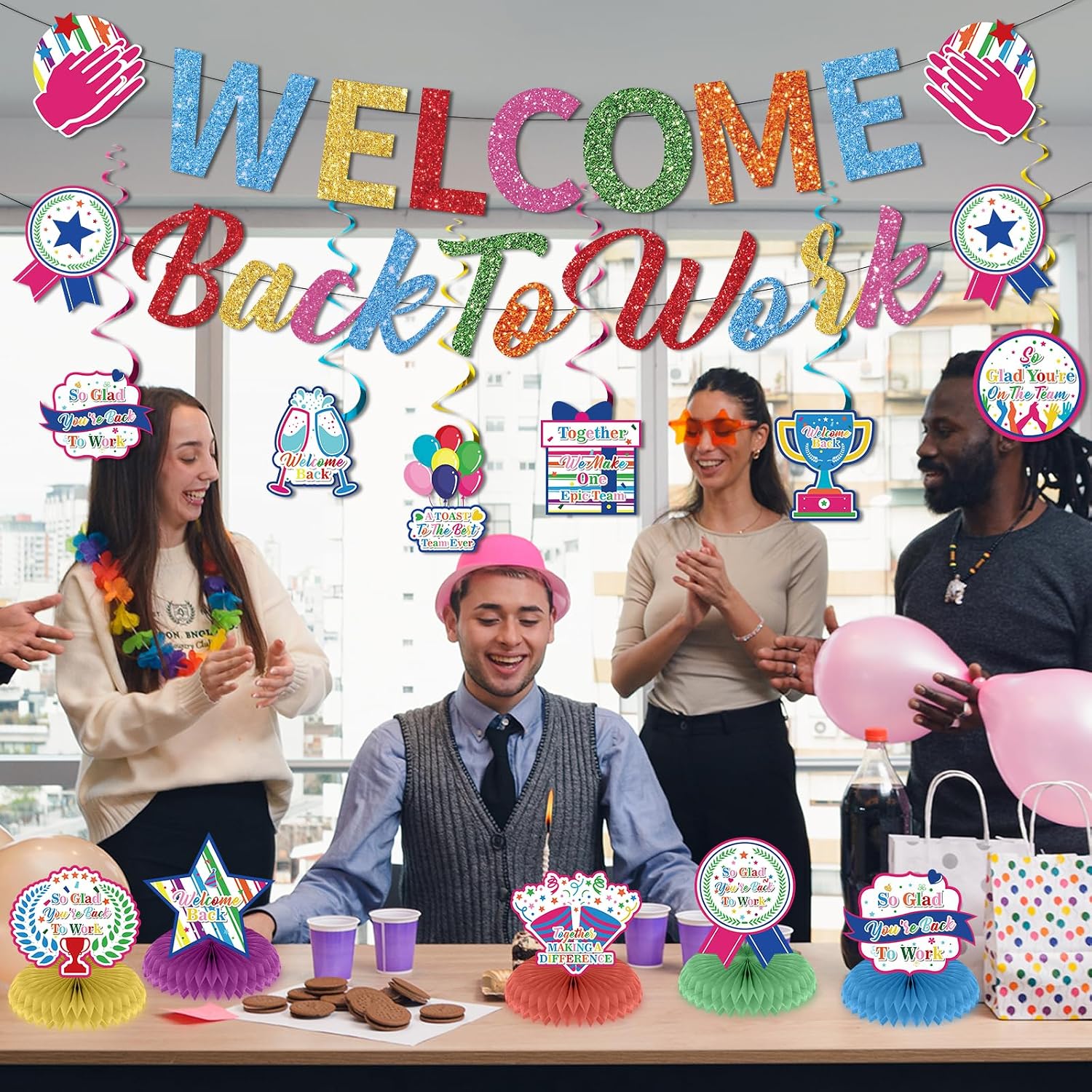 12pcs Welcome Back to Work Decorations Office Colorful So Glad You're Back To Work Banner and Hanging Swirls Table Centerpieces Office Party Supplies for Indoors Outdoors image 2