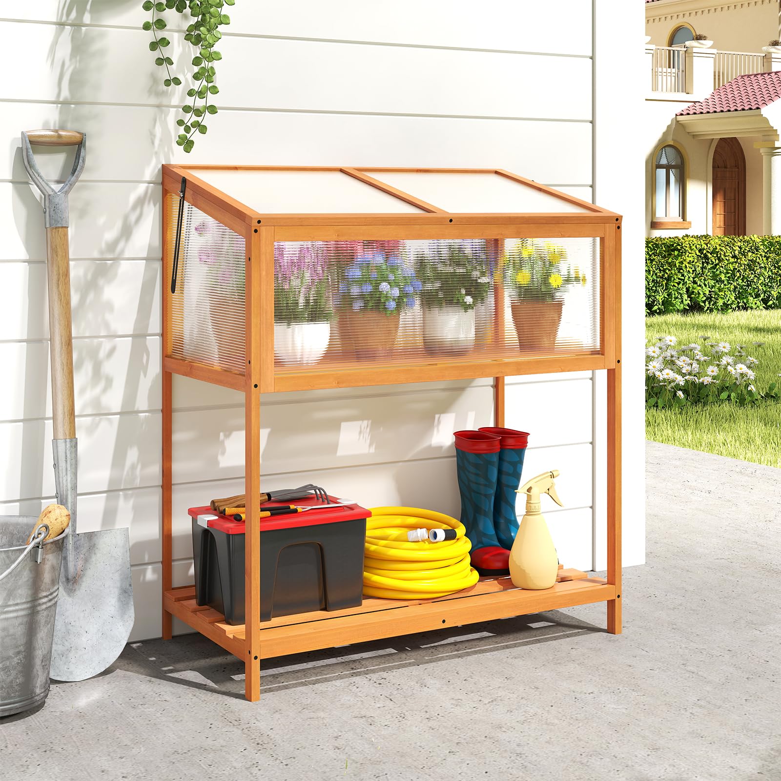 GOPLUS Invernadero de Madera de Cedro, Mini Invernadero con Pantalla Transparente， Techo Abrible, Estante de Almacenamiento de Listones, Protección de Macetas para Interior y Exterior