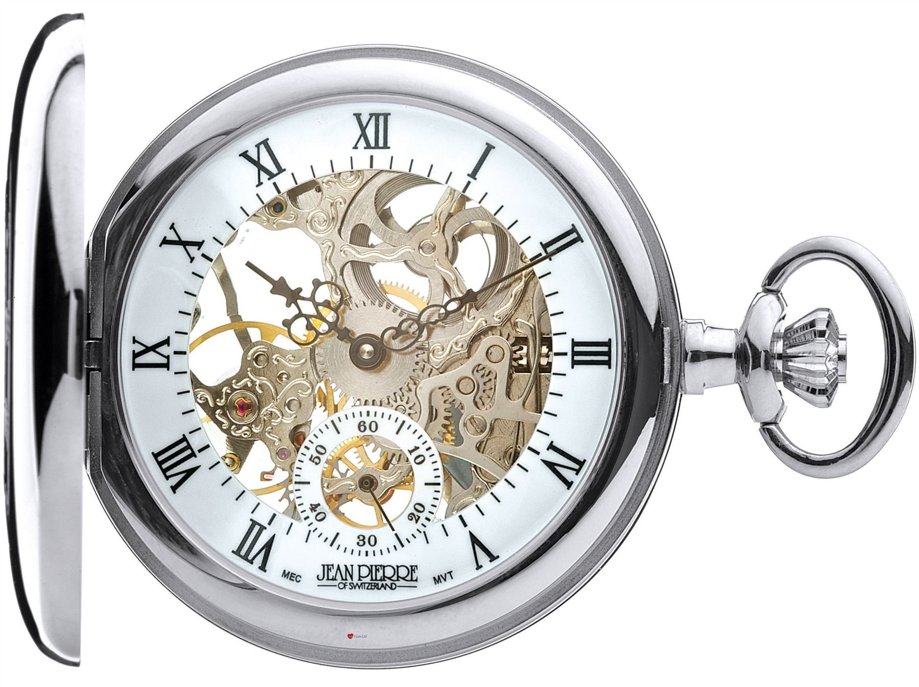 I LUV LTD Skeleton Pocket Watch Half Hunter 17 Jewelled Mechanical Chromed Case - Luxury