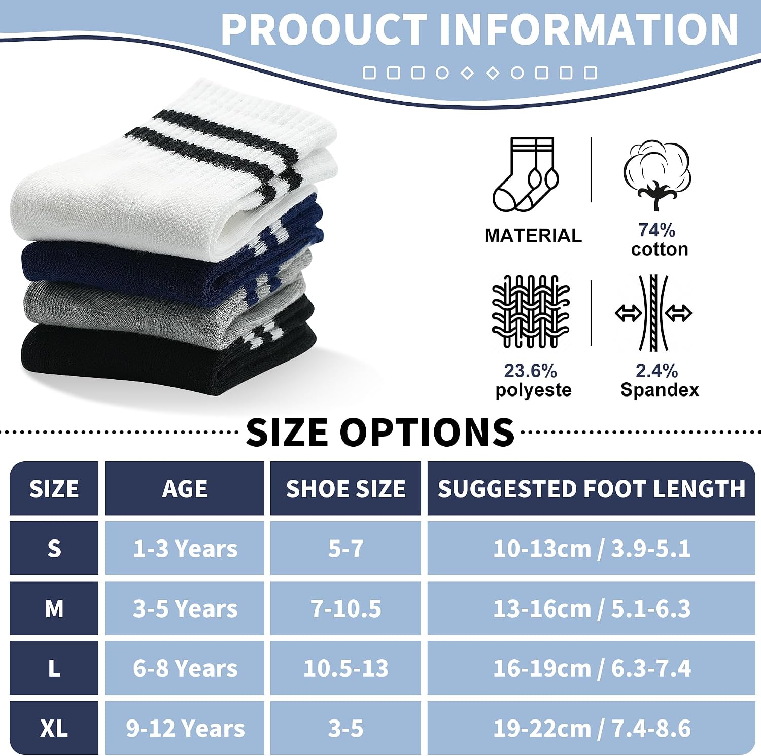 GENTABY 12 Pairs Boys Toddler Socks, Crew Kids Socks Breathable Athletic Sock with Retro Stripes (1-12 Years)