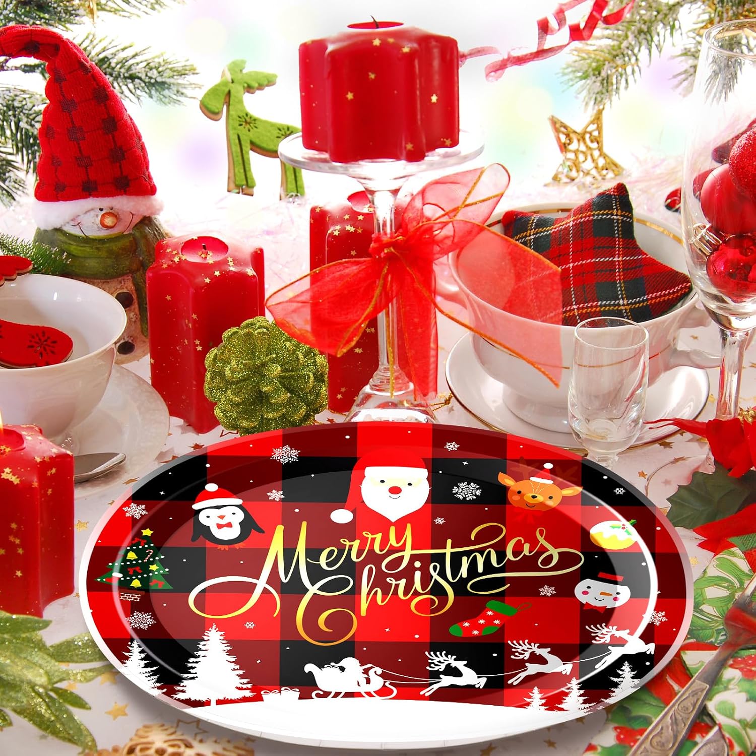 Umigy 100 Pcs Christmas Oval Paper Plates 10" x 12" Large Disposable Plates Plaid Tableware for Xmas Dinner Kitchen Party Decorations
