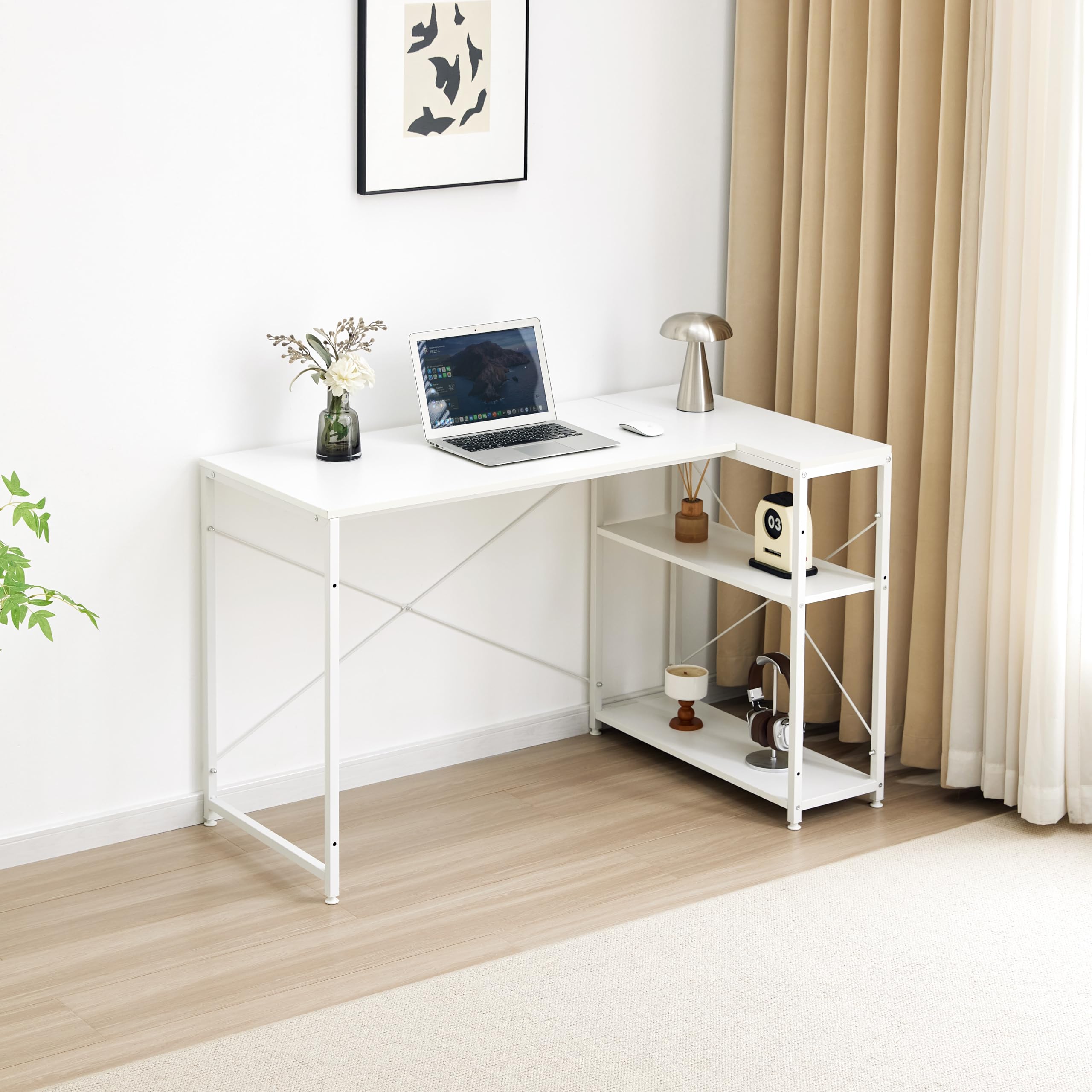 Garvis Eckschreibtisch 120x50 cm – L-Form Gaming Tisch mit Regal – Computertisch für Homeoffice(Weiß)