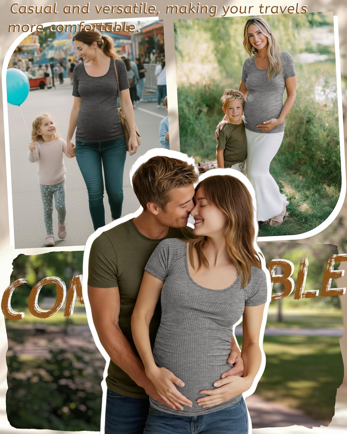 3 Pack Women's Maternity Shirts Cotton Ribbed Short Sleeve Side Ruched Pregnancy Tops Scoop Neck Mama Summer Tees