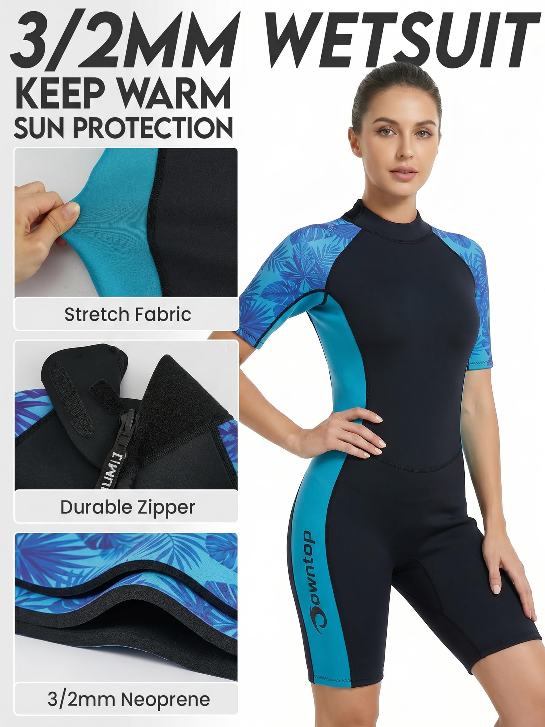 Owntop Muta corta da donna in neoprene da 3/2 mm con cerniera posteriore, costume da bagno floreale lusinghiero per snorkeling, surf, vacanze tropicali e nuoto in acqua fredda