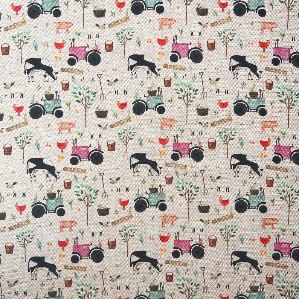 Oh Sew Crafty Limited Rose Digitally Printed Fabric Pure Cotton Panama On The Farm Tractor Animals Cow (Sold Per Metre) (Rose)