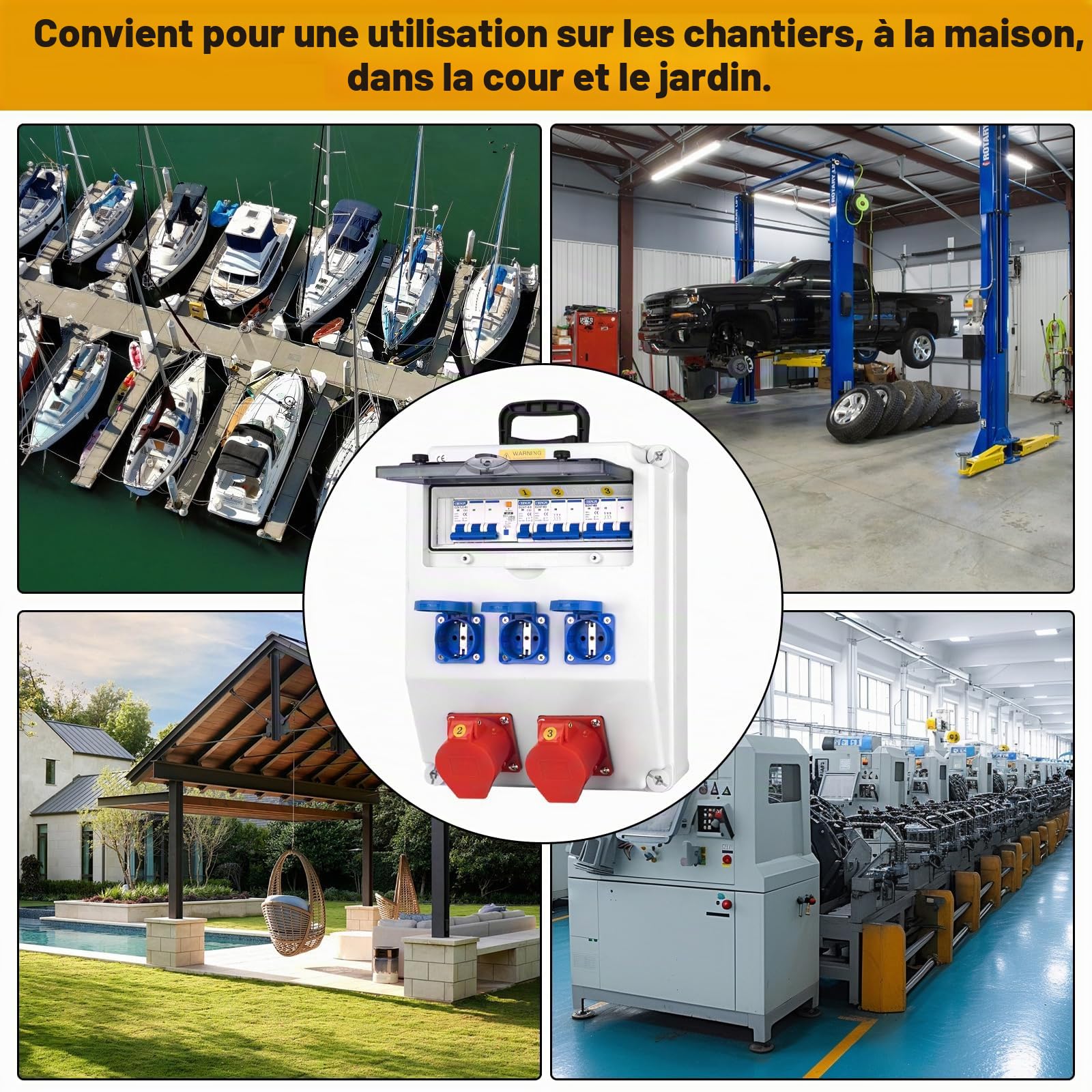 Coffret Electrique IP65 avec Prises schuko et prises CEE,Prise Exterieure Etanche Coffret de Chantier,Distributeur de Courant Électrique avec Disjoncteur pour Usage Extérieur et Intérieur