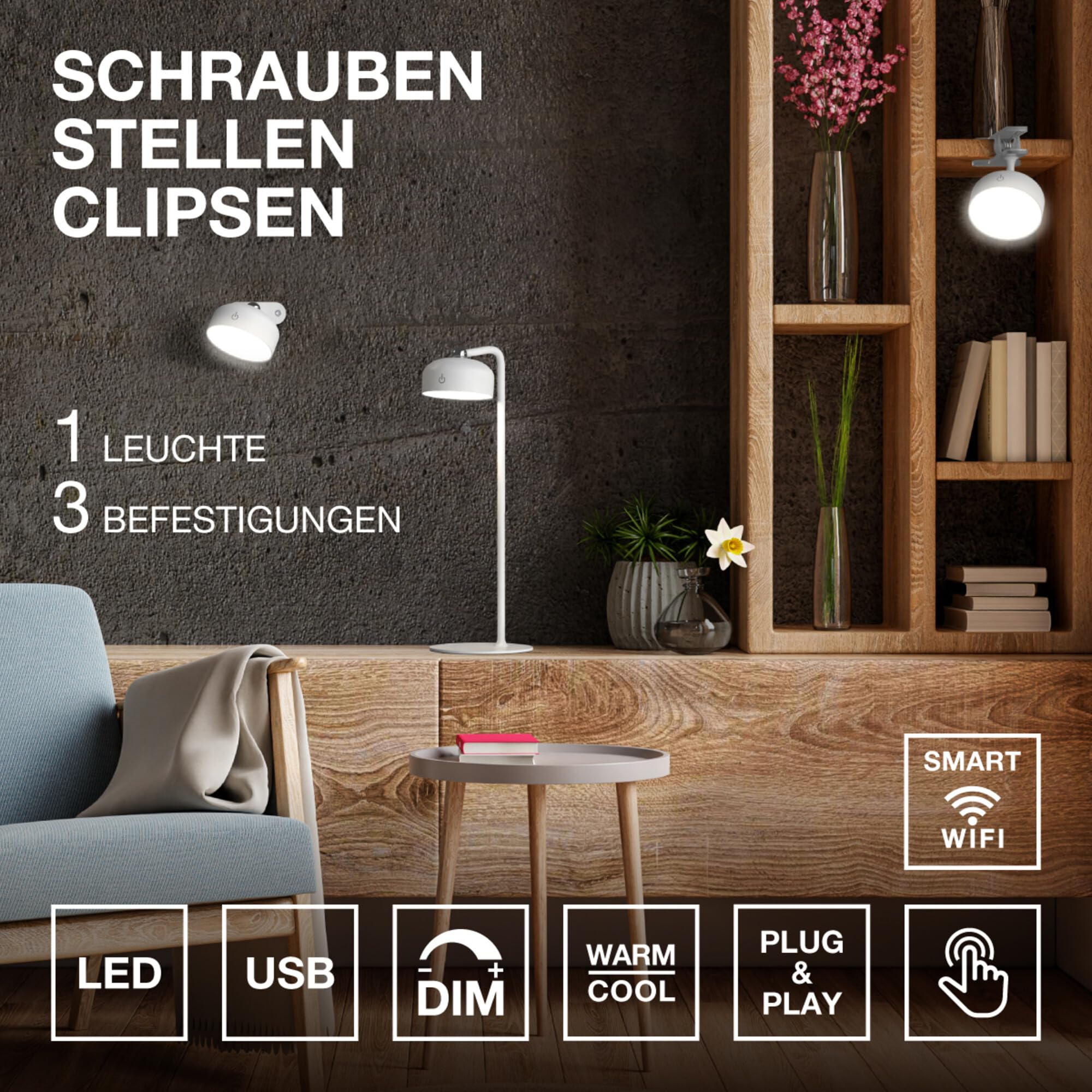 Osram LED-Leuchte mit USB-Akku, 3000 K, Touch-DIM, magnetischer Wandhalterung, als Tischleuchte, Klemmleuchte oder Nachtlicht flexibel einsetzbar