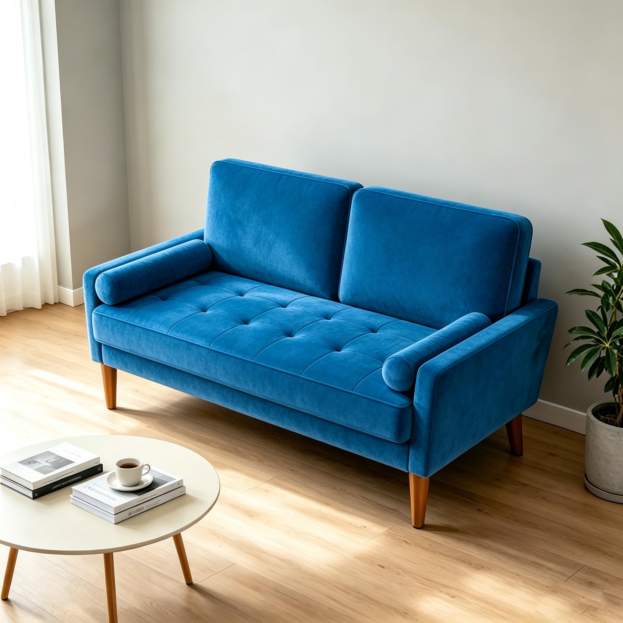 Vesgantti Canapé 2 Places 121 cm, Petit Canapé Compact en Velours, Loveseat Moderne avec Accoudoirs, Assise à Ressorts et Mousse Haute Résilience, Canapé Salon Chambre Studio, Bleu Profond