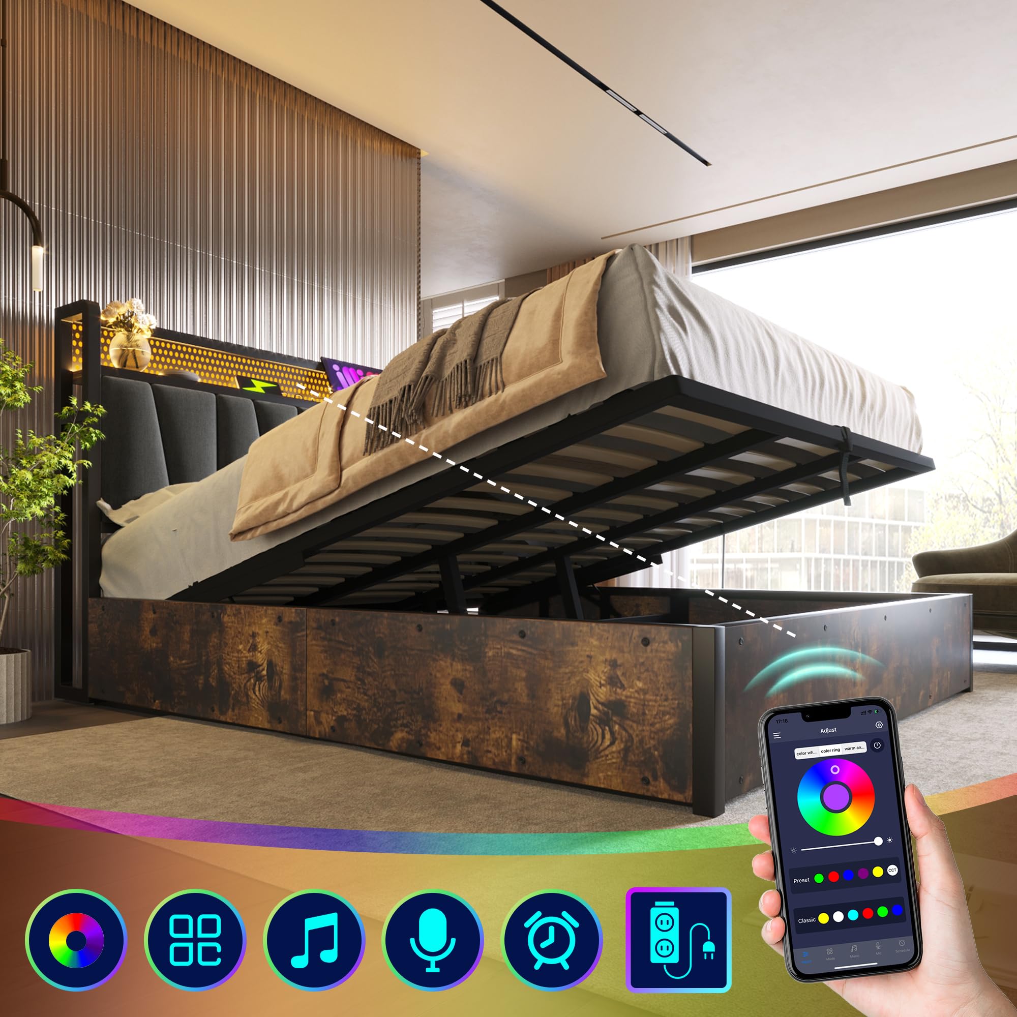 Rtopsu Letto Imbottito Letto Matrimoniale 180x200 con Illuminazione LED e USB Testata, Letti con Contenitore, Struttura del Letti con Telai in Metallo e Doghe in Legno, Lino, Grigio, Senza Materasso
