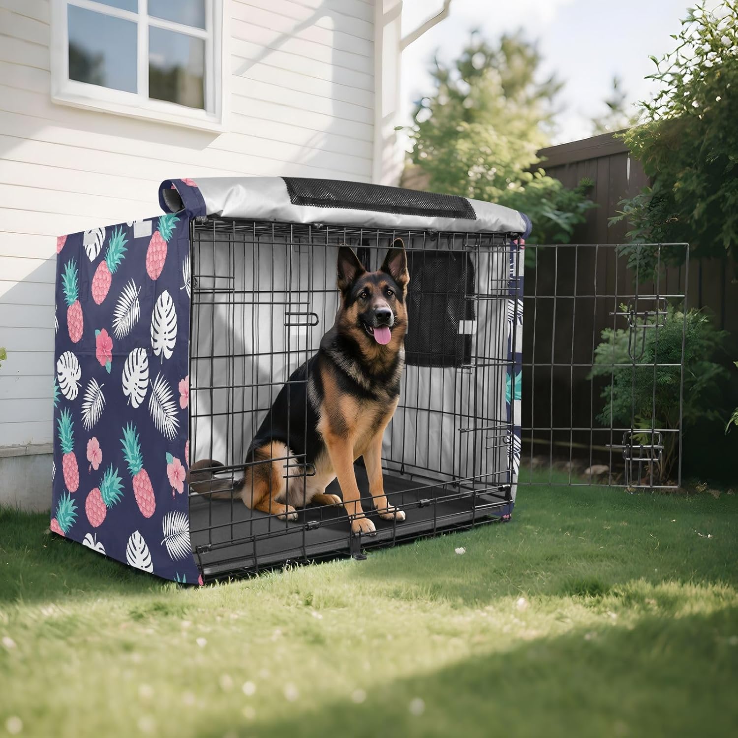 Tropical Pineapples Dog Crate Cover 600D Oxford Pet Kennel Cover with Mesh Window for Dog Cages, Windproof Waterproof Machine Washable, 48"x30"x33"