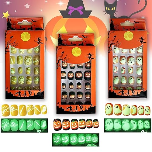 Halloween Luminous Press on False Nails for Kids, 3 Boxes