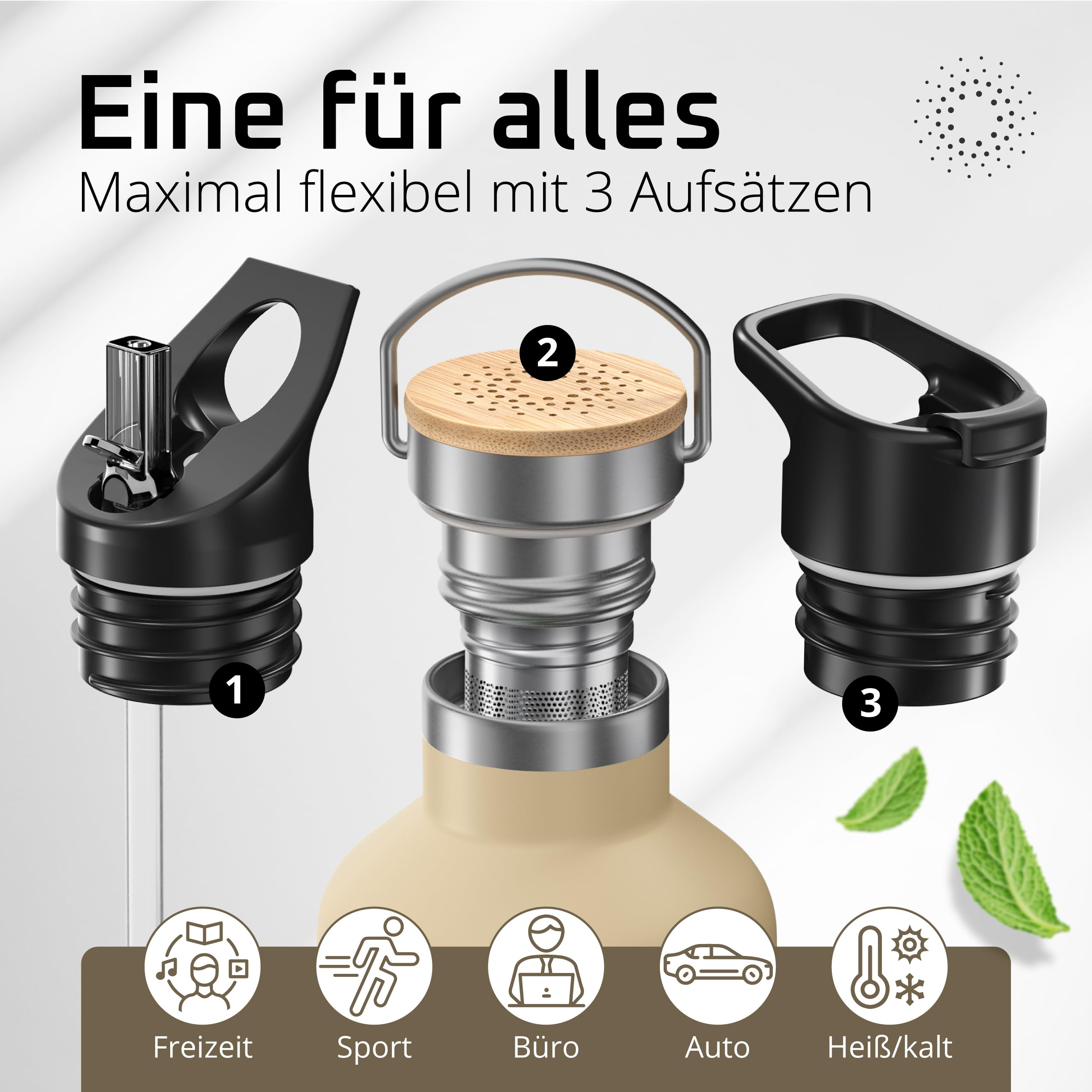 Trinkflasche Edelstahl mit Strohhalm, Infuser + 3 Deckel: BPA-frei, Auslaufsicher, Kohlensäure geeignet - Wasserflasche Fahrrad Thermosflasche Isoliert Isolierflasche Sport Wasser Flasche Kinder Tee