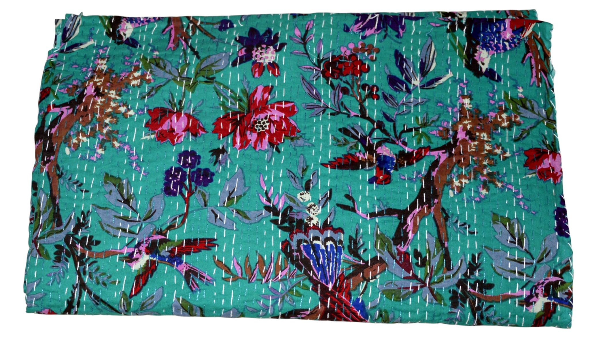 copriletto indiano 100% cotone Kantha, set di copriletti fatti a mano, reversibile, set di copriletti di lusso vintage con motivi floreali e uccelli
