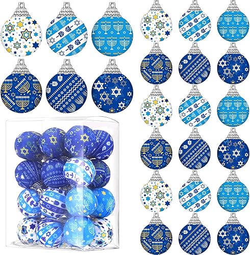 24 adornos de bola de Hanukkah, adornos de árbol de Hanukkah, adornos azules y blancos, decoración de árbol de Navidad para Hanukkah, fiesta de