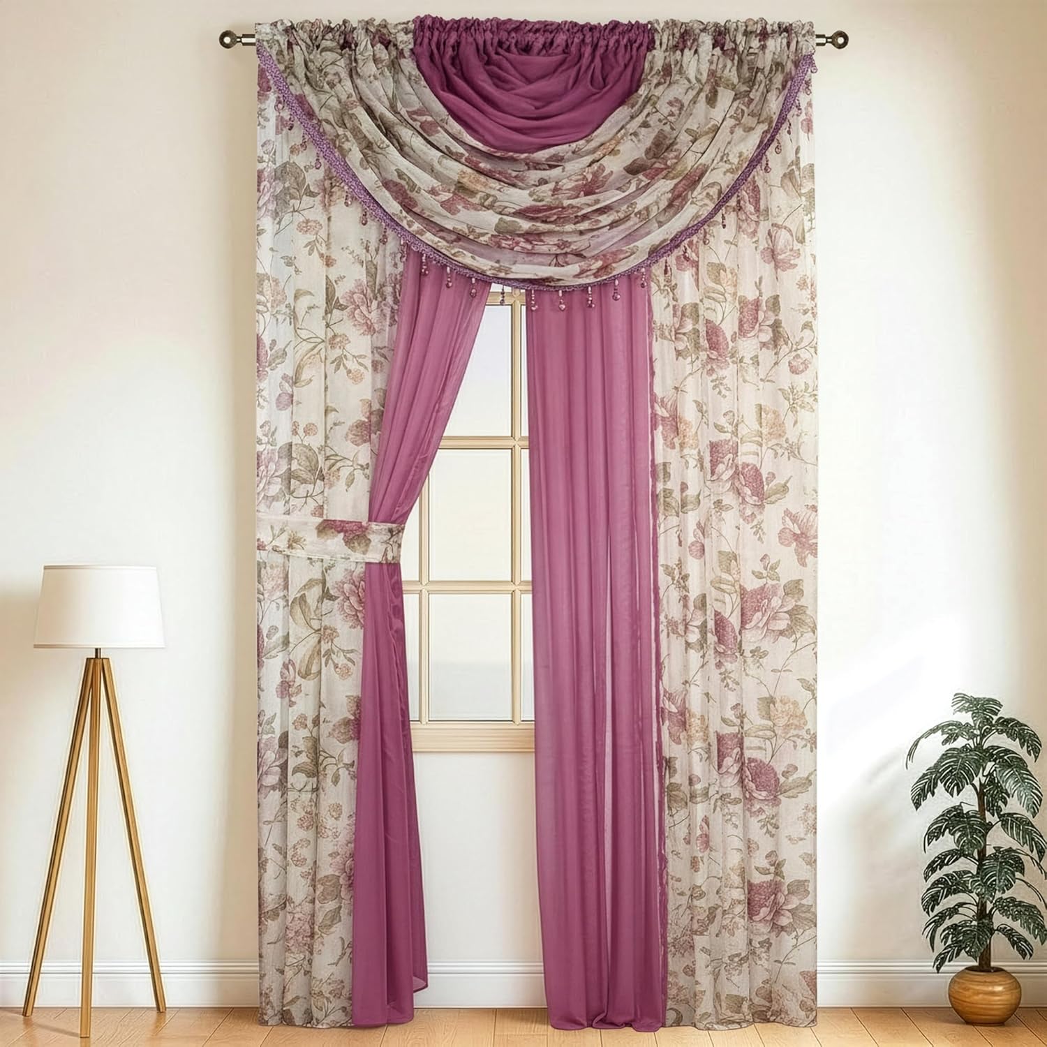 YHSF Sheer Curtains Laura Collection - 4 Panel Set, 84 Inches Long - Elegant Curtains for Bedroom & More - Valances with Beads & 2 tiebacks - 55” x 84" - Easy Install, Multicolor, Black Sunflower