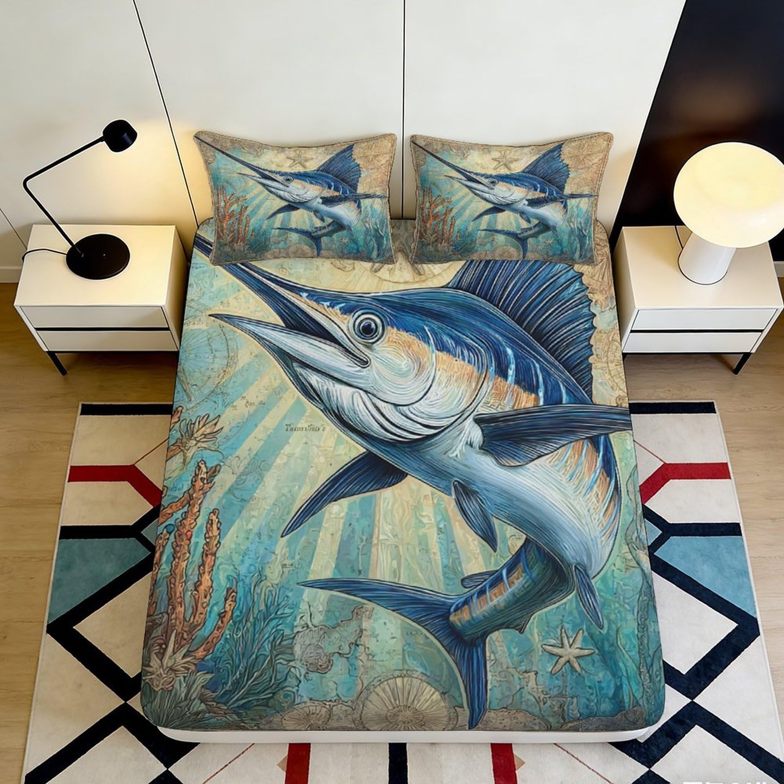 3D Printed Ocean Marlin Fitted Sheet Microfiber Soft Breathable Underwater Coral Mattress Cover for Bedroom Dorm Mattress Protection 120x200x25cm