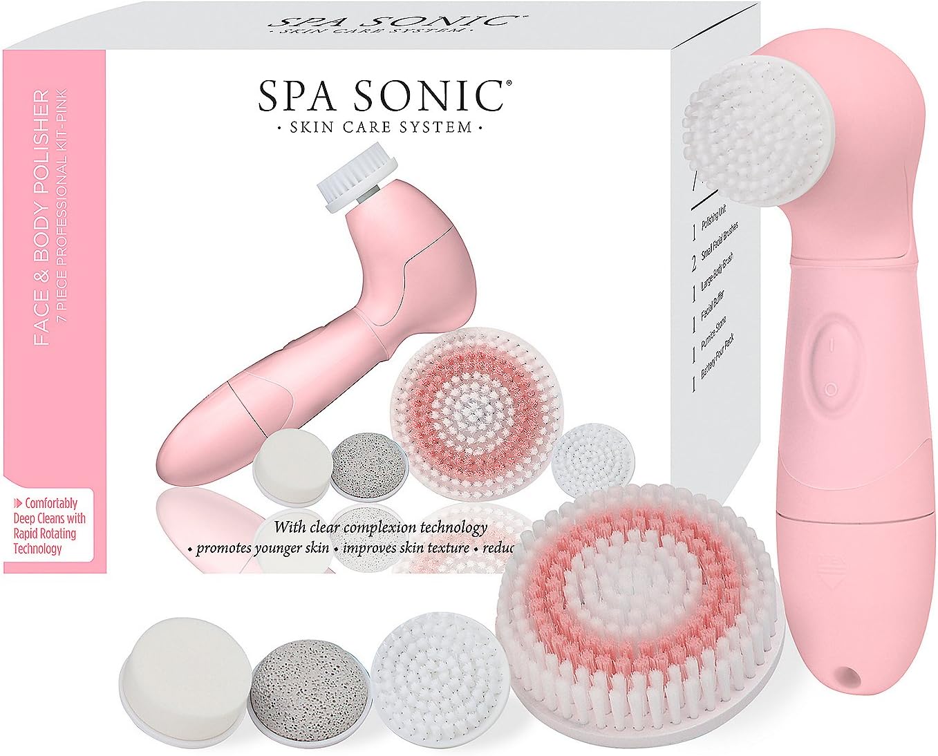 Spa Sonic Skin Care System Face and Body Polisher 7-Piece Professional Kit Pink