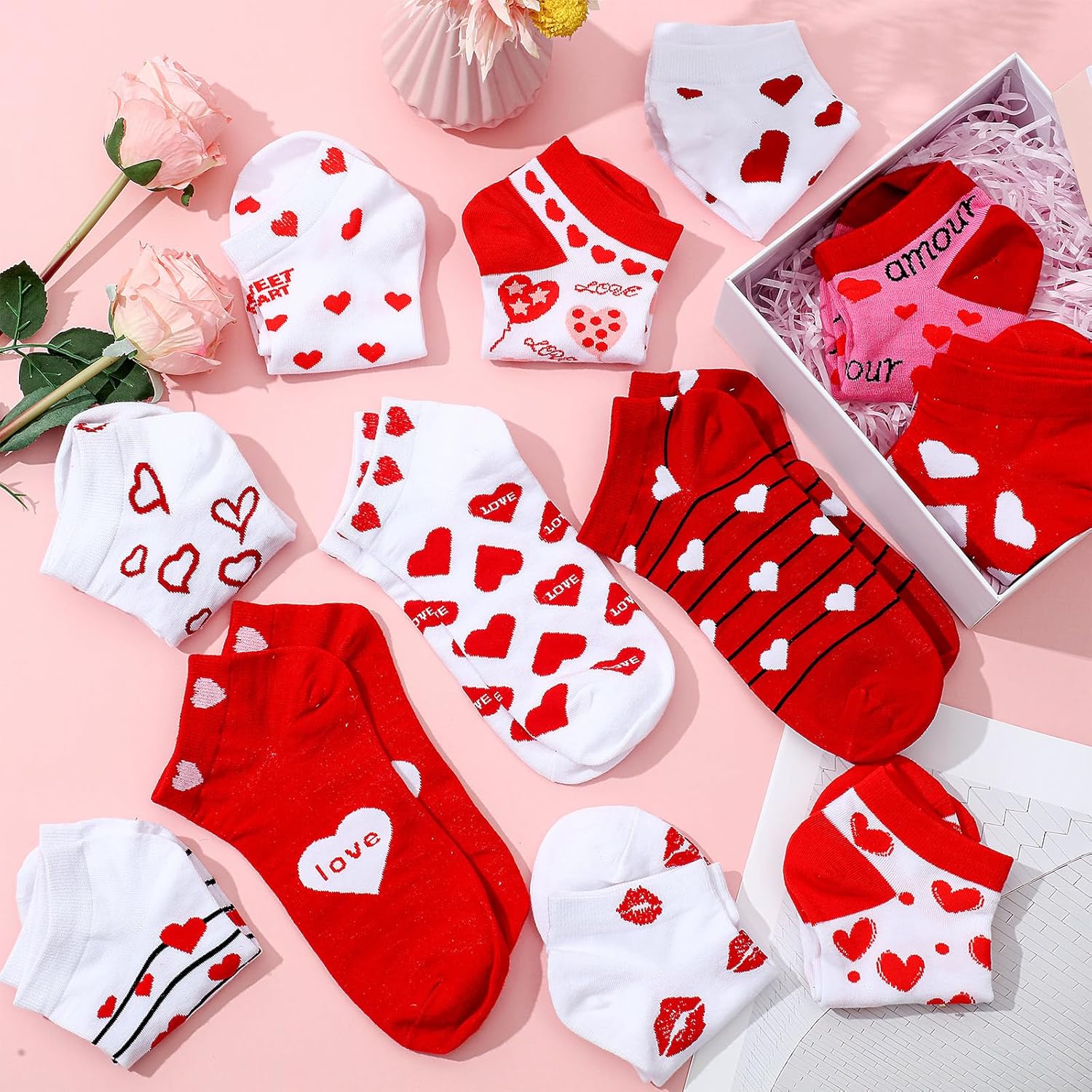 Short Valentine Heart Socks for Women, Red Pink White Heart Ankle Crew Low Cut Galentines Socks Bulk for Women - Image 6