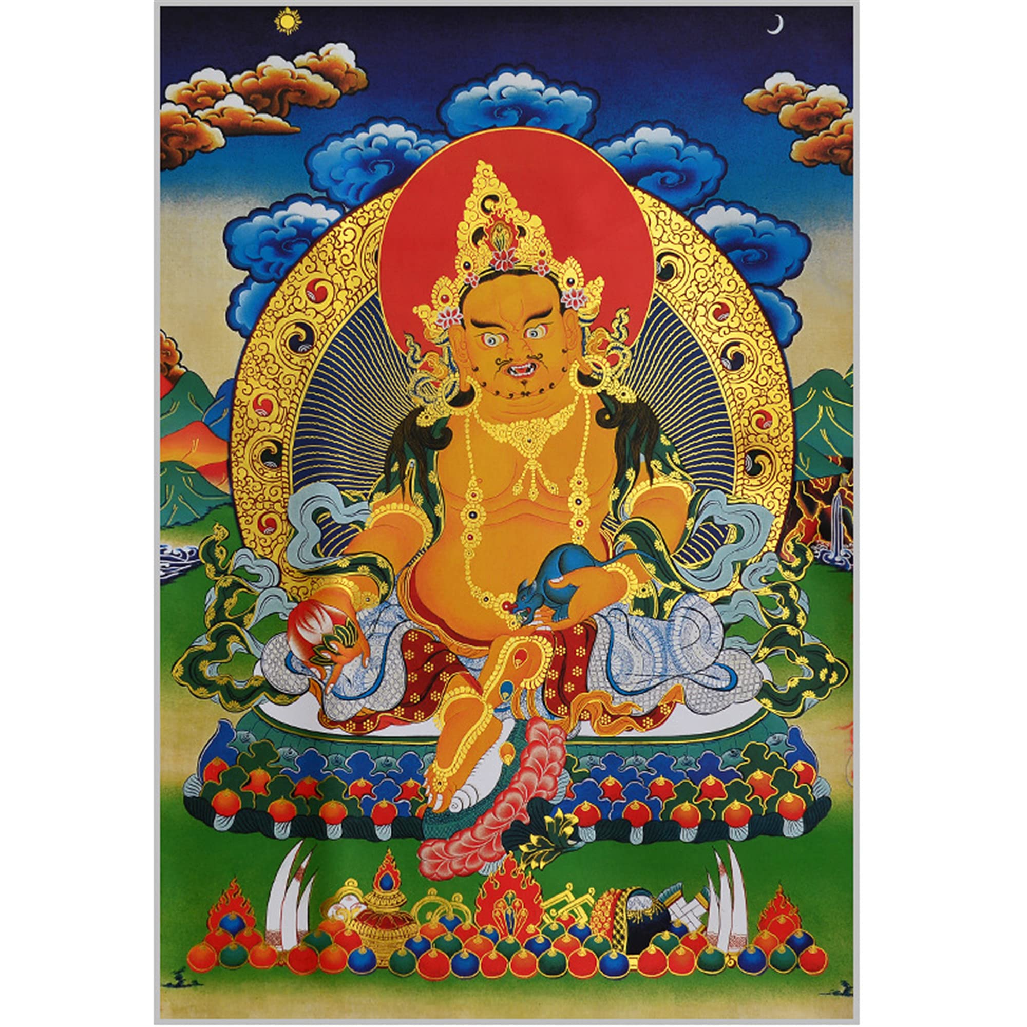 GBASDXU Tibetischer Buddhismus Thangka, Buddhistischer Wandteppich, tibetischer Thangka, Buddha, tantrischer Thangka-Wandbehang, gelber Jambhala, Heißpräge-Brokat-Wandteppich for Zen-Heimdekoration
