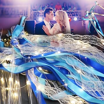 30Pack Blue Light Up Wands,Wedding Wands Ribbon Streamers with 3 Flashing Modes,LED Silk Fairy Wands with Bells,Glow Lace Sticks for Wedding,Engagement,July 4th,Easter,Birthday Party Favors