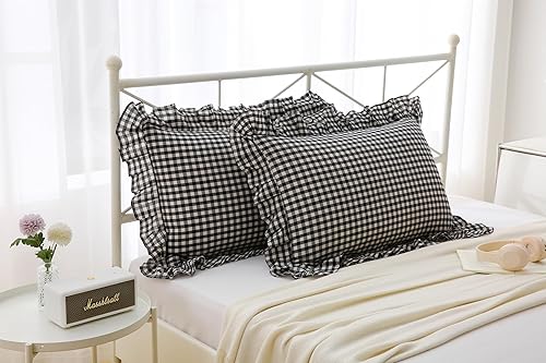 Miniatura 30 de Fundas de almohada cuadradas a cuadros en blanco y negro con volantes, fundas de almohada a cuadros, fundas de almohada de gingham, fundas de Negro