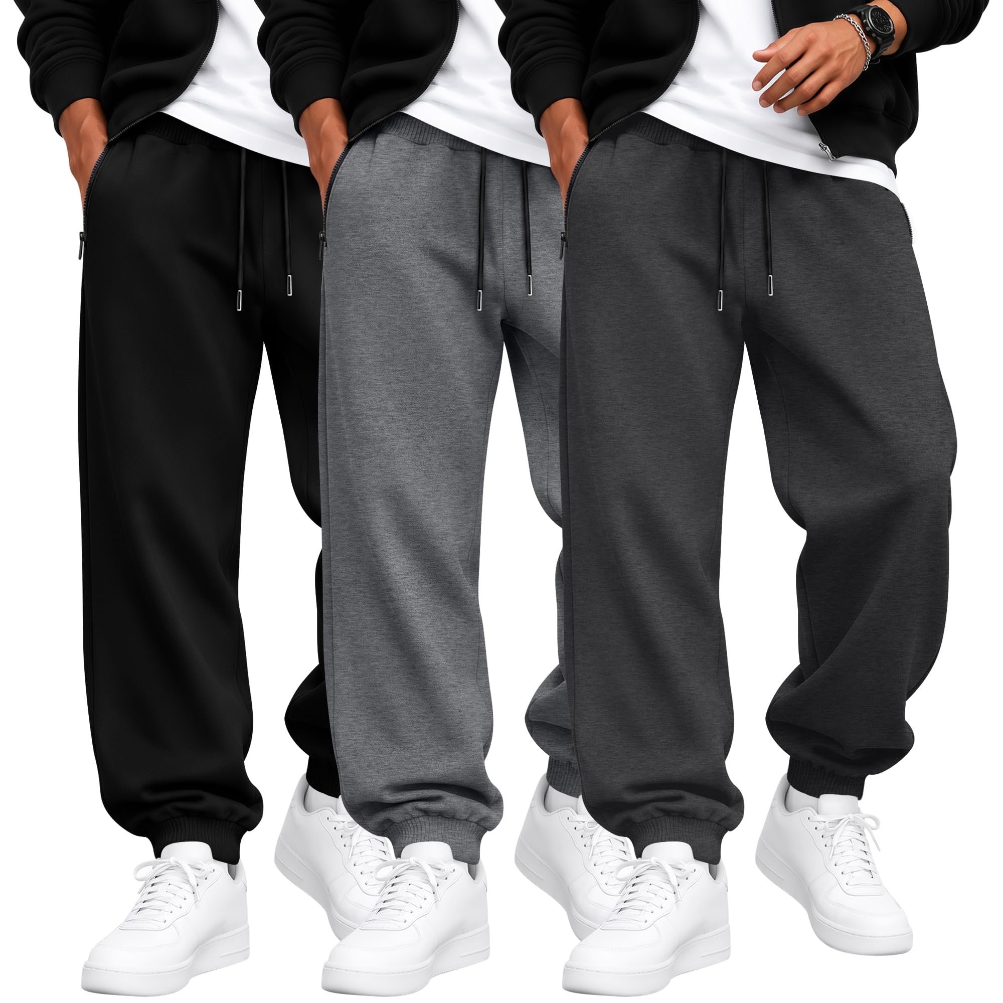 3 Pack Men's Athletic Joggers with Zipper Pockets