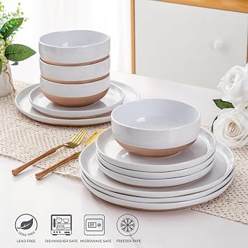 AmorArc Ceramic Dinnerware Sets for 6, 24Pieces Handpainted Plates and Bowls Set with Rustic Terracotta Underside, Scratch Resistant Stoneware Dishes Set, Dishwasher & Microwave Safe