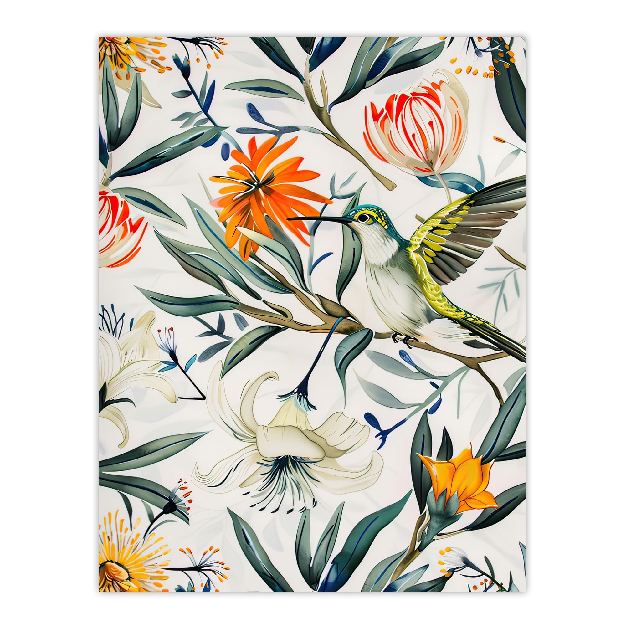 Artery8 Bright Exotic Flower Pattern with Hummingbird Living Room Extra Large XL Wall Art Poster Print