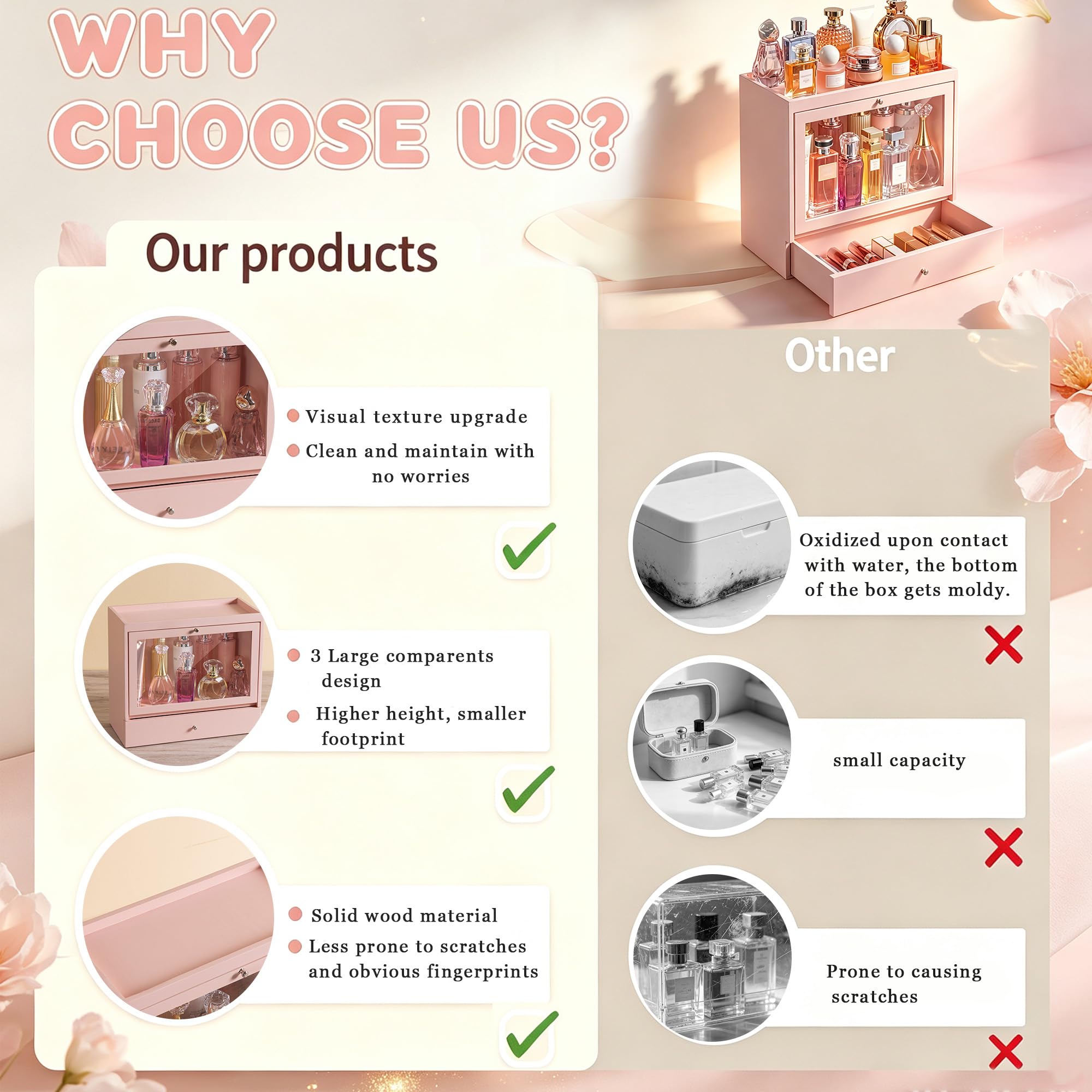 Emfogo Parfüm-Organizer für Frauen, Hautpflege-Organizer aus Holz mit Schublade, großer Make-up-Aufbewahrungs-Organizer für Schminkkommode, rosa Make-up-Organizer, Geschenke für Frauen