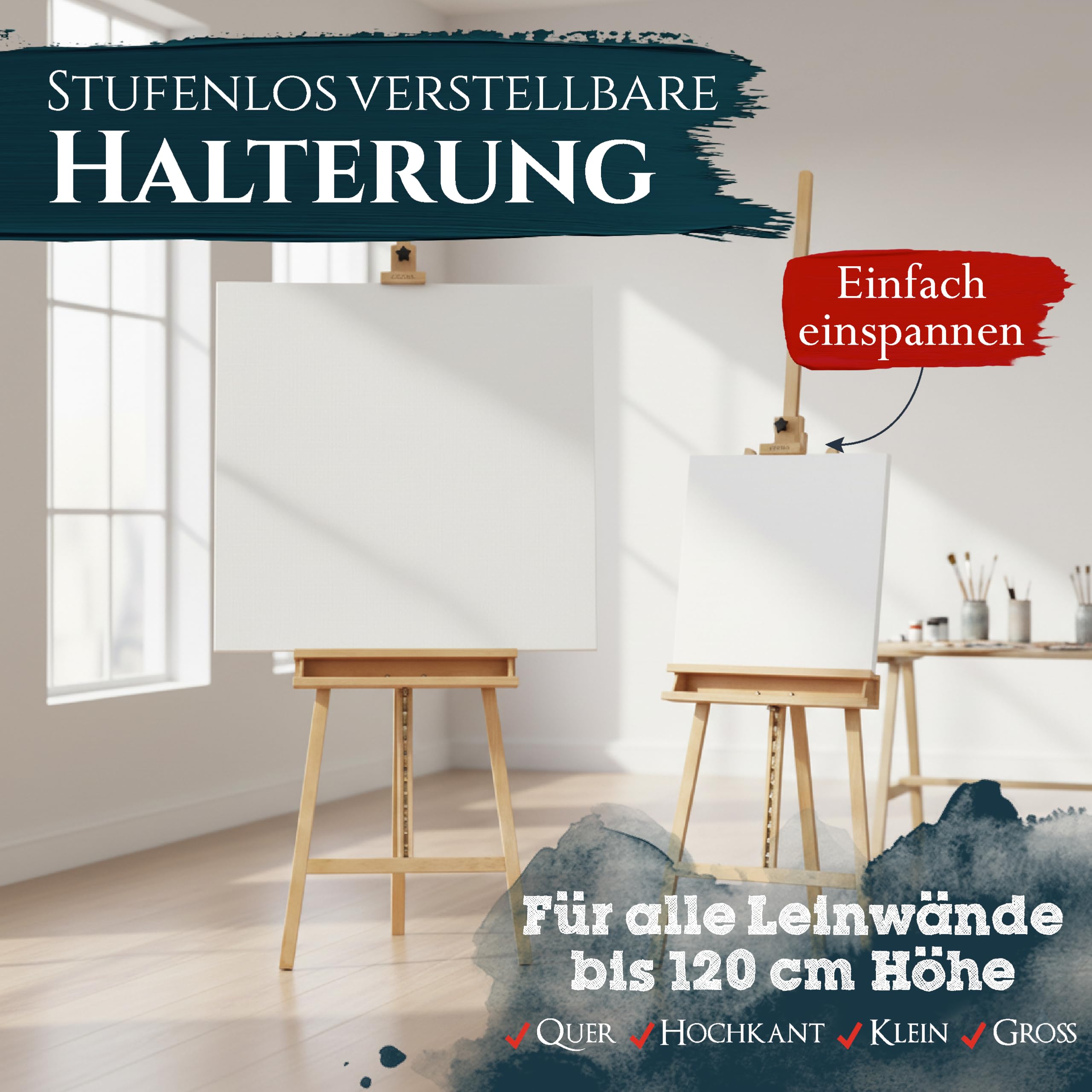 Artina Staffelei Holz Groß Barcelona – FSC® Holzstaffelei für Leinwände bis 120cm – 225cm höhe verstellbar Malstaffelei klappbar