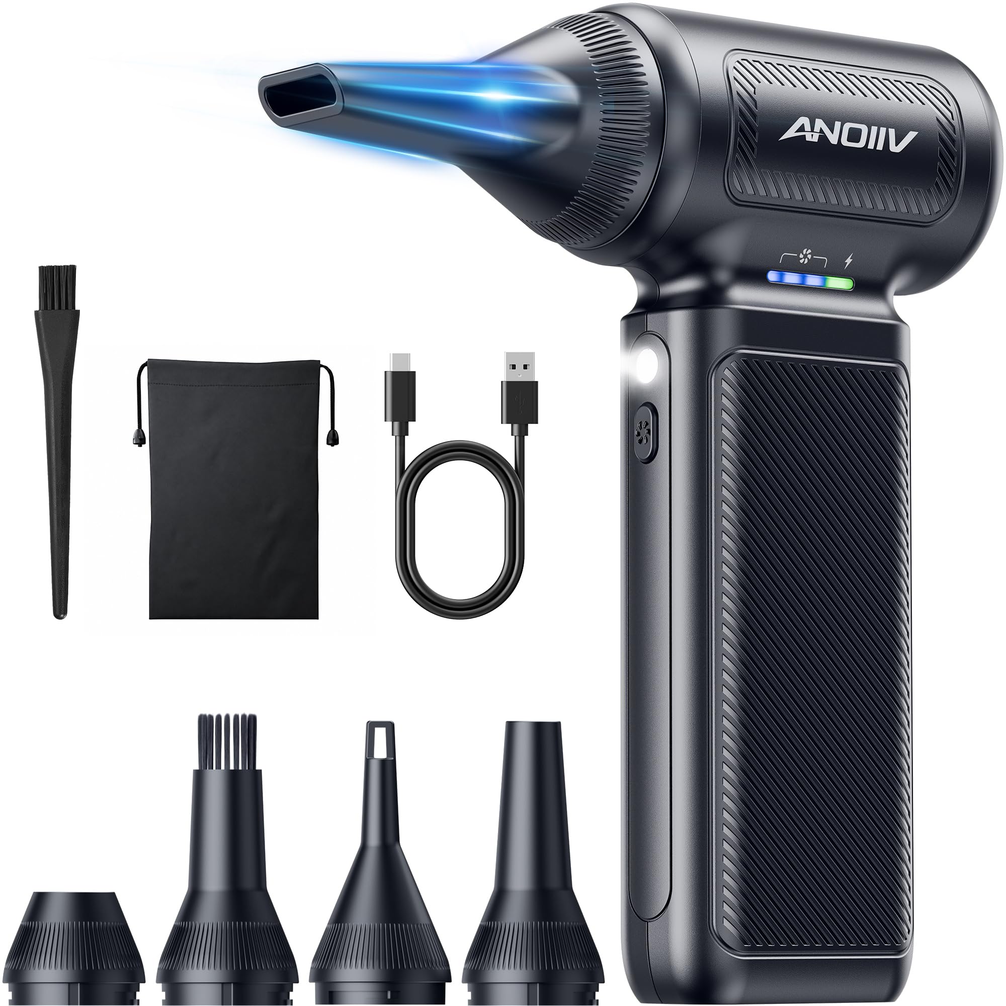 Soplador de aire comprimido Anoiiv, 130,000RPM, 3 velocidades ajustables, 5 boquillas | Soplador eléctrico con motor sin escobillas, mini limpiador de polvo para computadora, teclado, casa, auto, exteriores, Negro