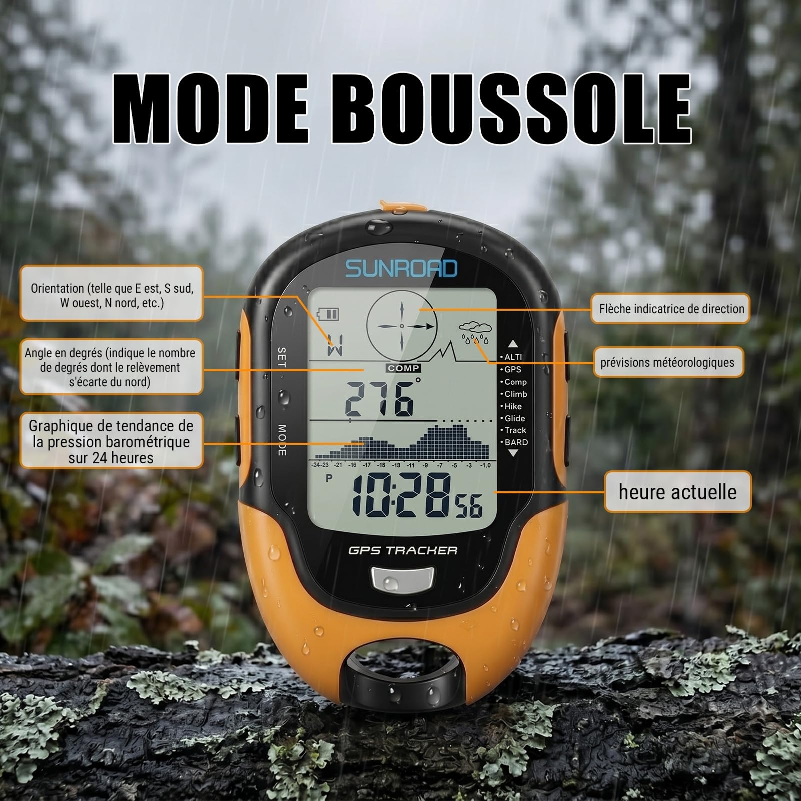 Altimètre Baromètre GPS, Appareil GPS Multifonctionnel Haute Précision avec Boussole, Thermomètre, Hygromètre, Prévisions Météo, Horloge, Date, Lampe de Poche LED, Réveil, Étanche IPX4