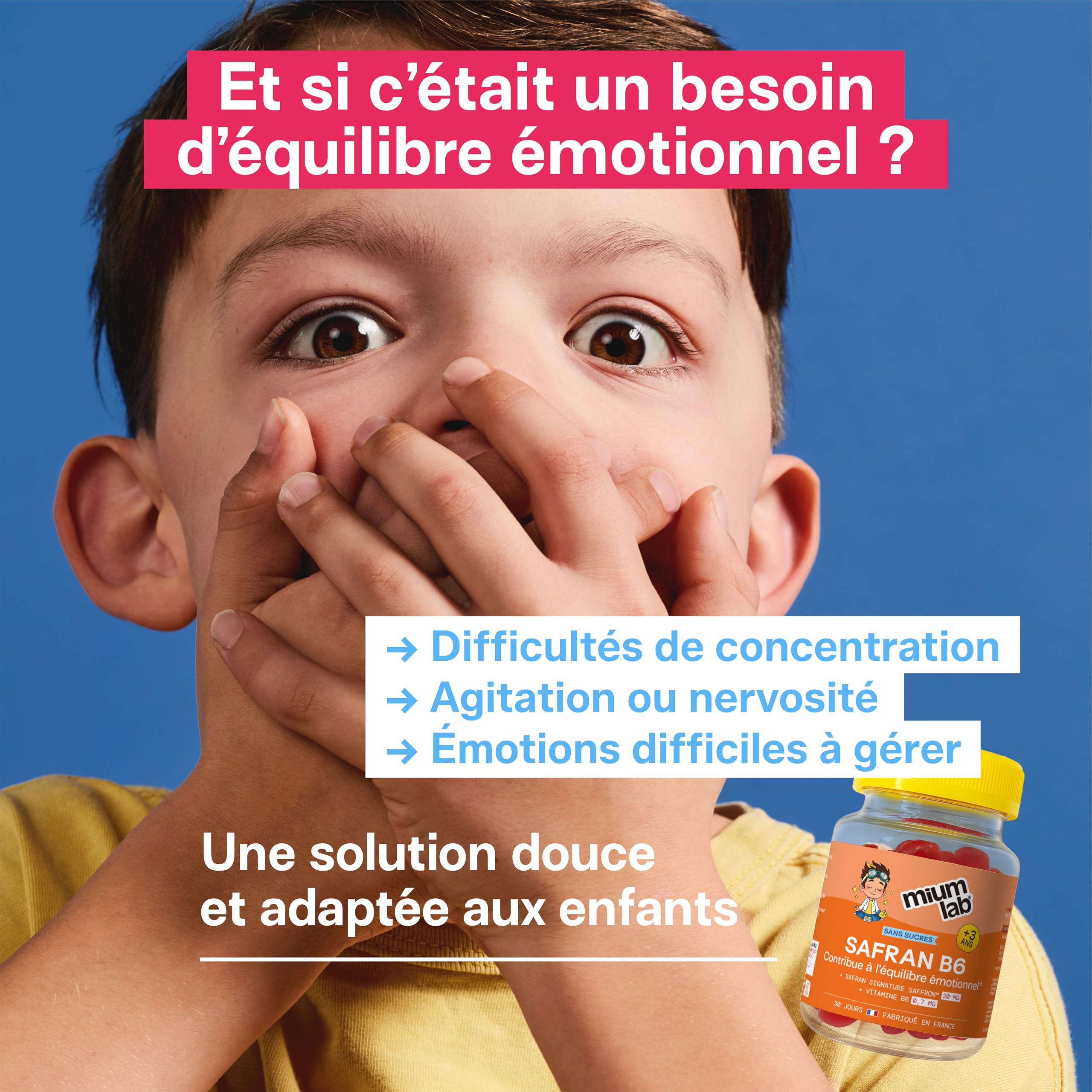 MIUM LAB - Gummies Safran Enfant Vitamine B6 – Équilibre Émotionnel & Concentration – Aide à Gérer Émotions & Agitation – Complément Alimentaire Enfant Sans Sucres – Goût Fraise – Lot de 3