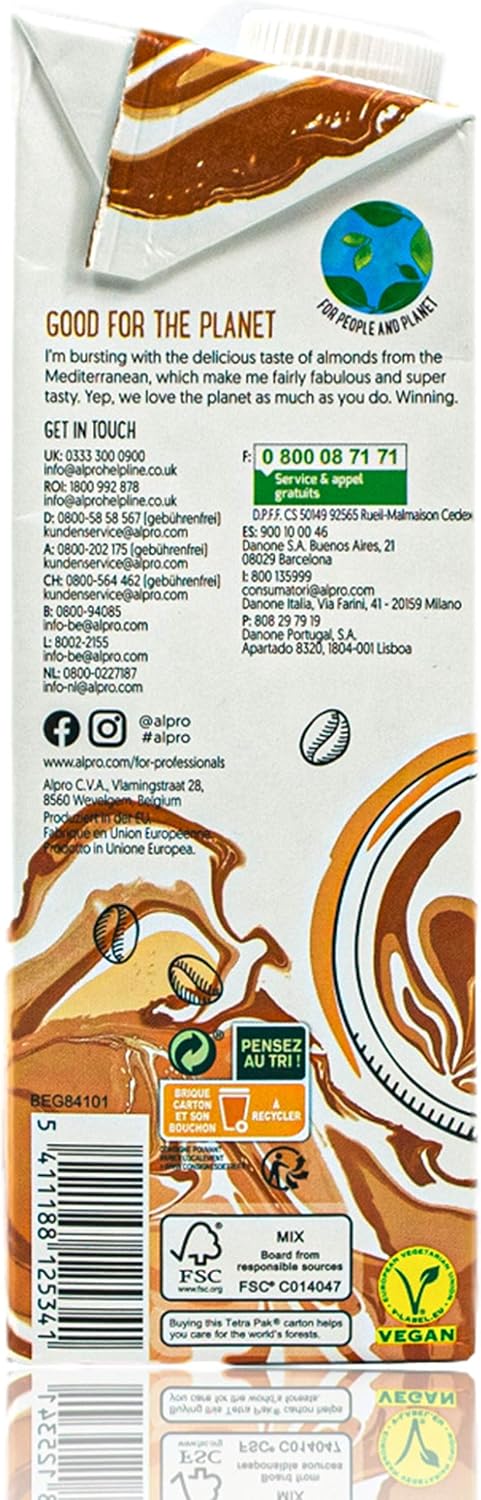 Alpro - 8 szt. w opakowaniu migdałowym Almond for Professionals Barista 1 litr - drink migdałowy do spieniania kawy szejków i smoothies