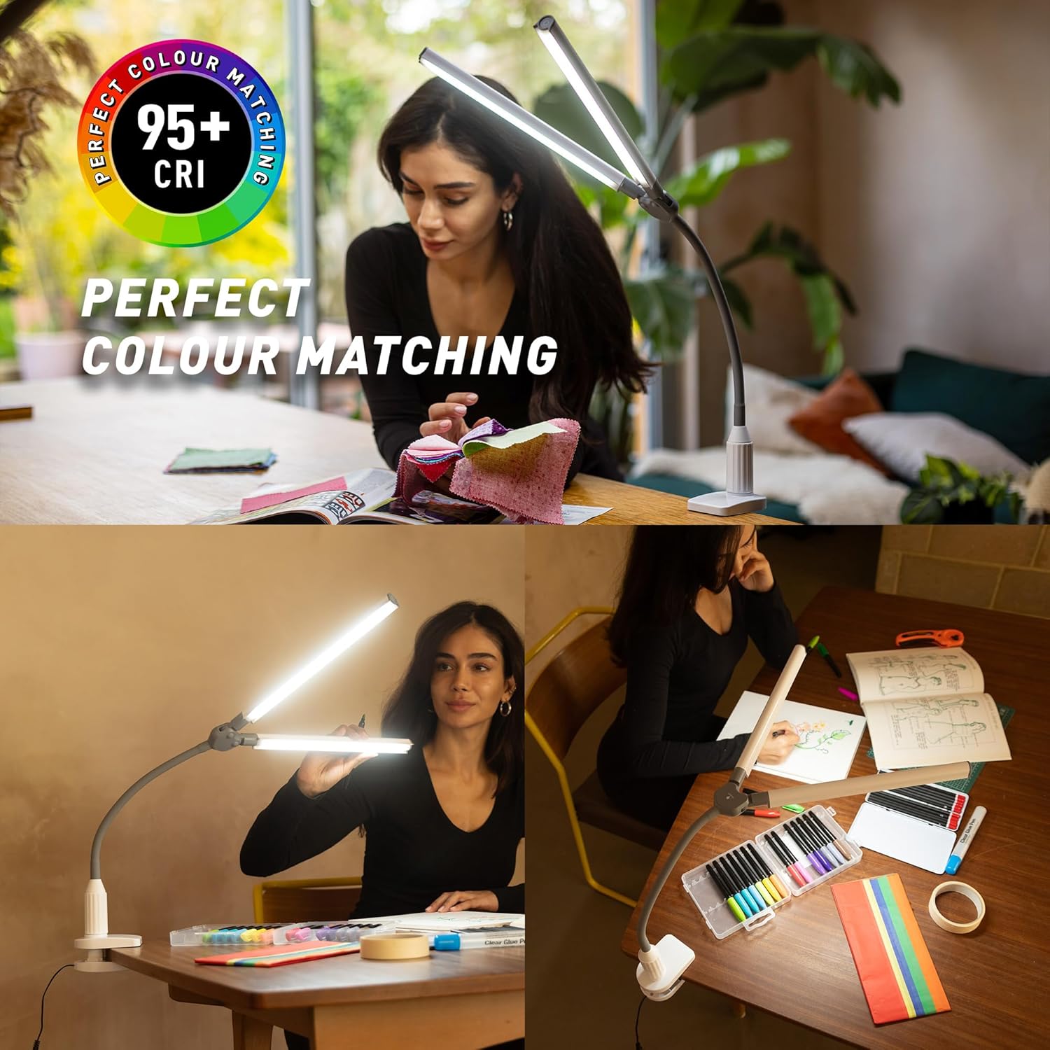 DuoPro Clamp LED Lamp - 6,000K Daylight, 2,100 Lux at 12", 4 Brightness Levels, Anti-Glare Shades, Adjustable Arm, Slim Design, Perfect for Sewing, Reading, Crafts, Beauty Treatments - Grey/White