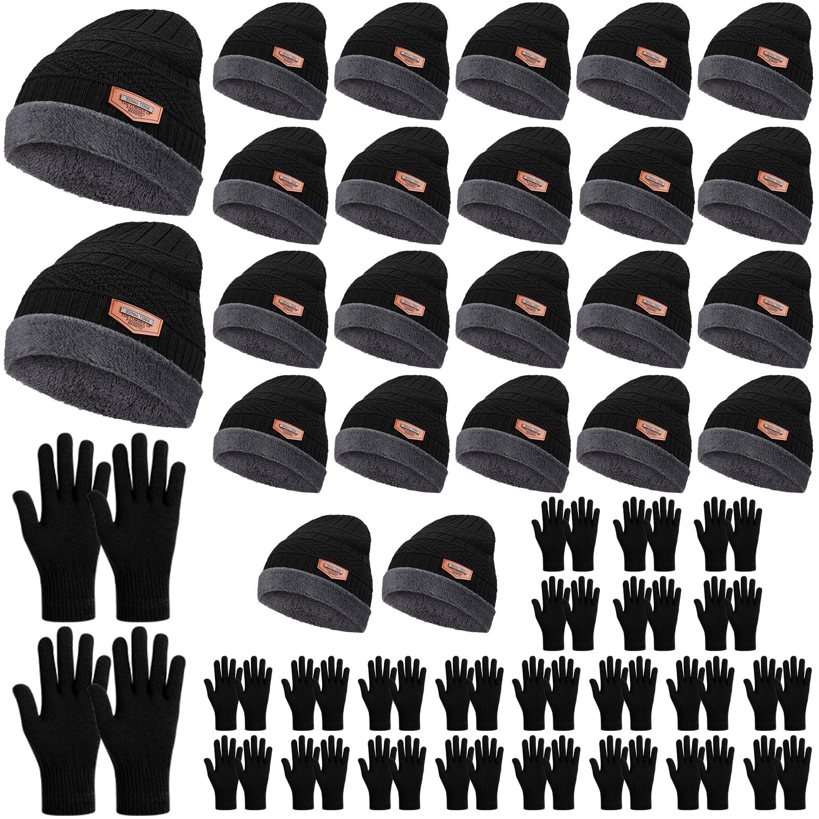 Suhine 48 Stück Wintermützen Handschuhe Combo Pack Fleece Strickmützen Bulk Unisex Gemütlich Warme Handschuhe für Damen Herren Geschenk Schwarz, Schwarz, Medium