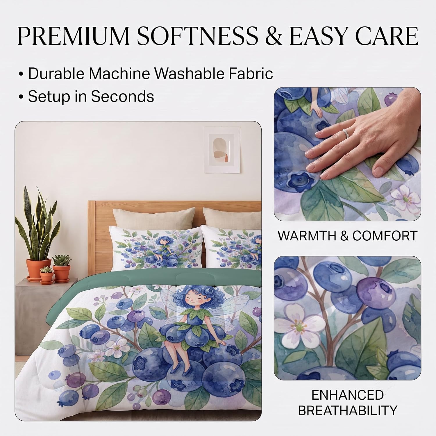 Fairy Tale Characters Quilt Set King 3 Pieces, Sapphire Blue Quilts Bedding Set Blueberry Fairy Girl Bedspread Bed Cover Lightweight Spring Summer Beds Coverlet for All Season - 104"X90"