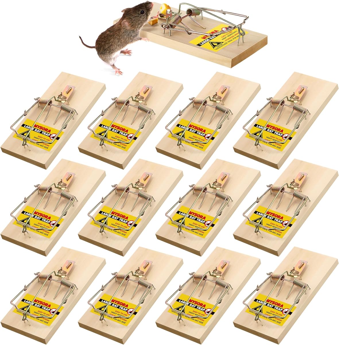 12 Pack Large Wood Rat Traps, Heavy-Duty Snap Traps, Indoor Outdoor | Reusable Rat Snap Traps, Fast-Action Metal Pedal, Sturdy Wood Base, Large Rats, Mice and Rodents, Indoor Outdoor Home Use
