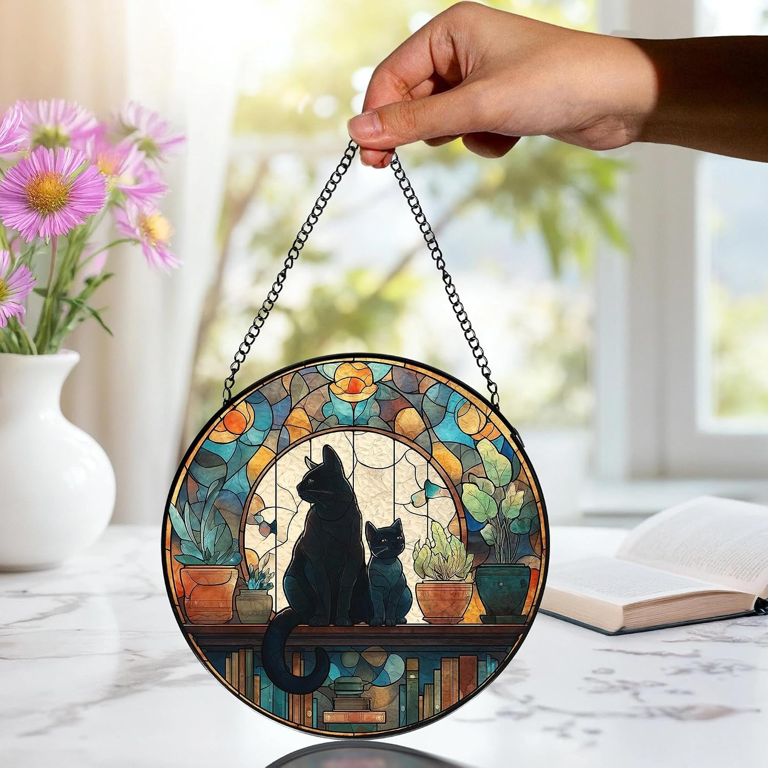 Black Cat Book Lovers Stained Glass Window Hanging, Book Lovers Reader Gifts Suncatchers Sun Catchers Indoor Window Glass Wall Art Decorations, Black Cat Gifts for Women, 7.9x7.9in, Patio