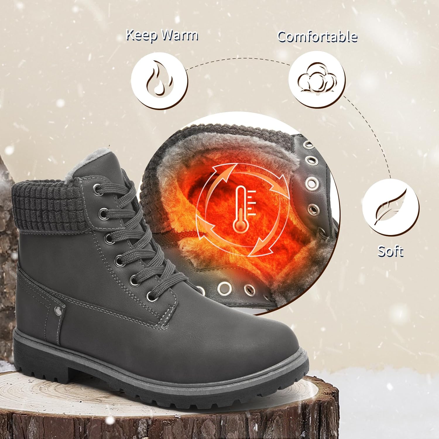 POVOGER Women's Black/White Ankle Bootie Winter Boots with Side Zipper - Image 3