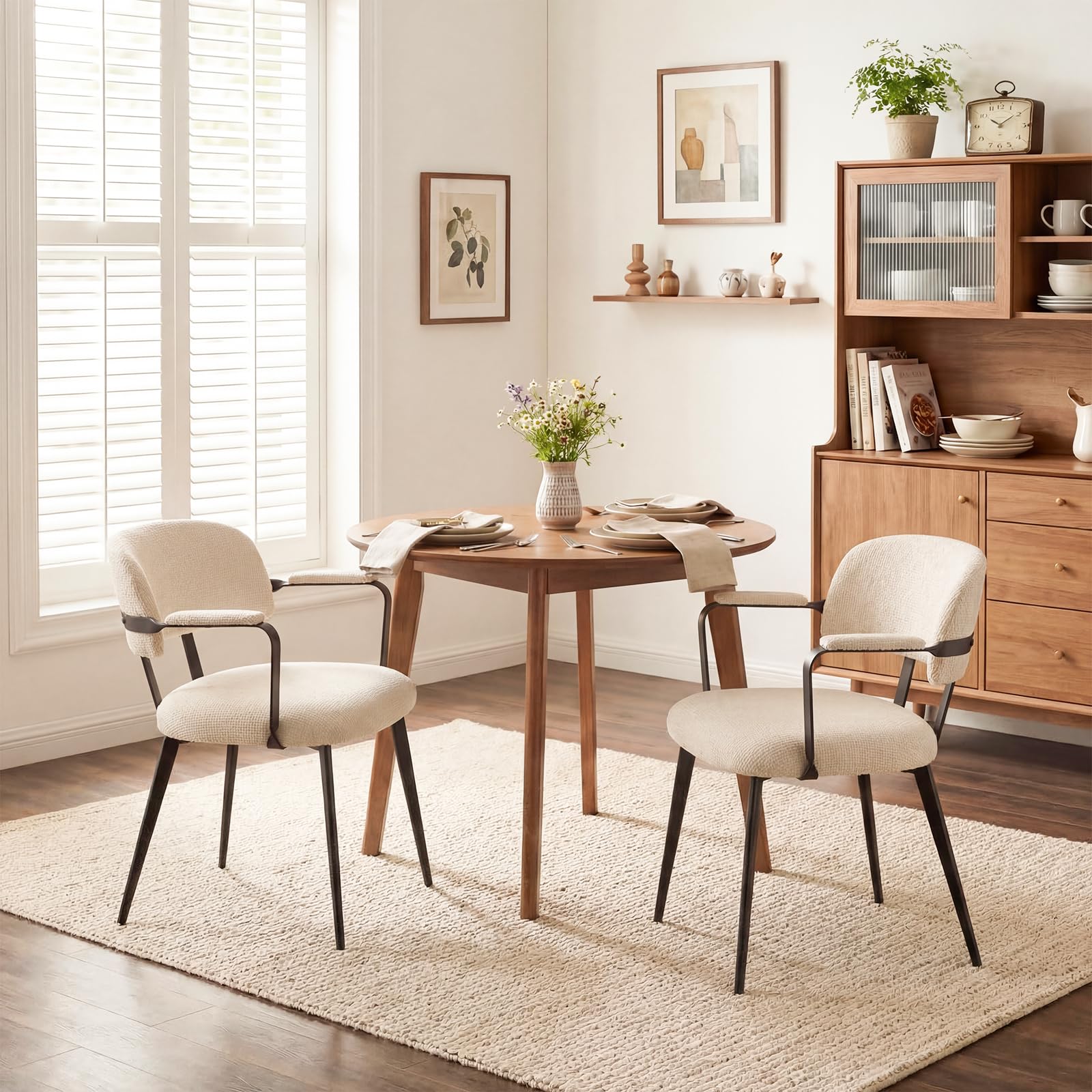 Sillas de Comedor Pack 2, Sillas Cocina con o sin Reposabrazos, Silla Nordica con Tapicería de Chenilla, Cojines Duros y Patas de Metal (Beige, con reposabrazos)