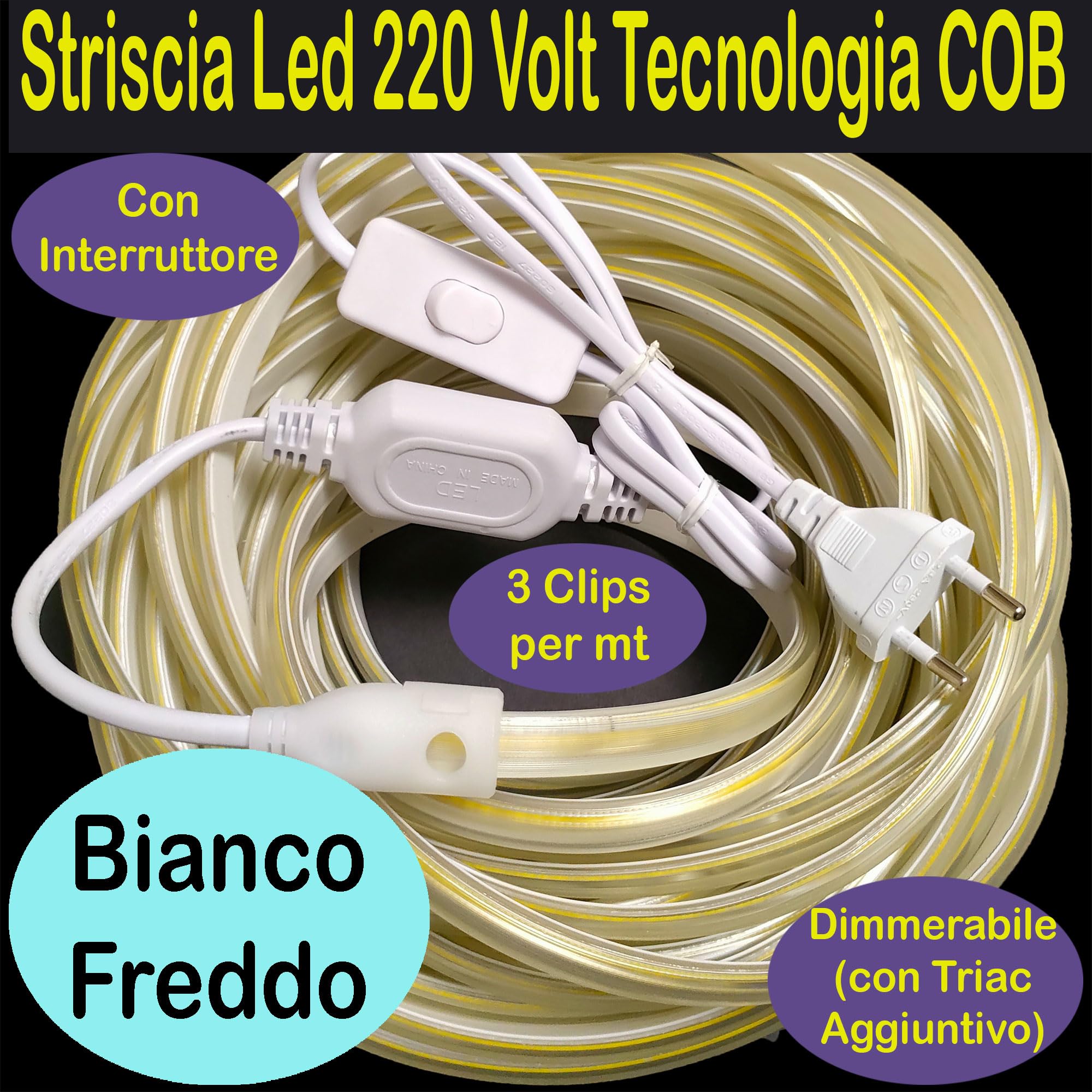 8 mt 220 Volt Cob (NO effetto puntinato) Bianco Freddo 6000k STRISCIA LED BIANCA 220V