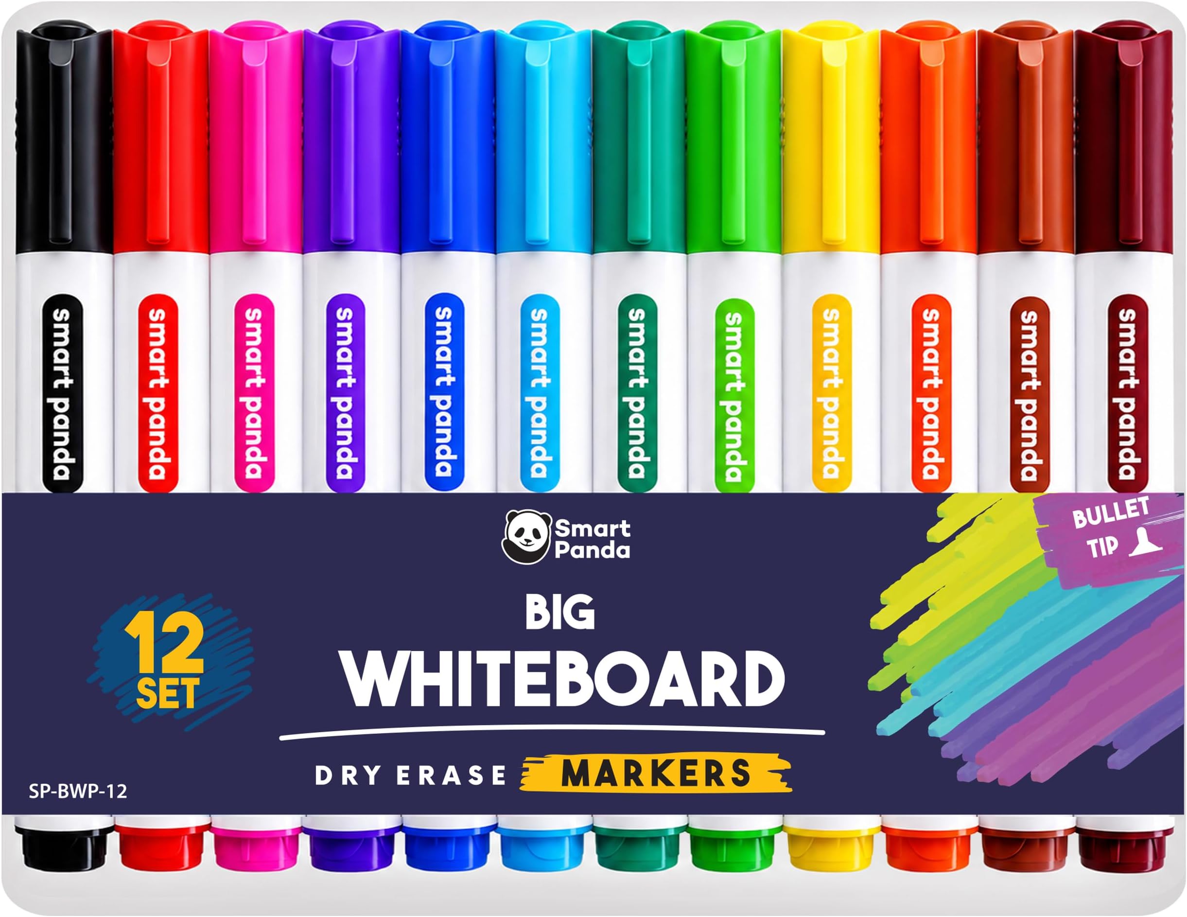Smart Panda 12 Big Whiteboard Pens by – Bullet Tip Whiteboard Markers – Dry Erase Markers, Perfect for Home, School or Office - 12 Set Assorted Colours