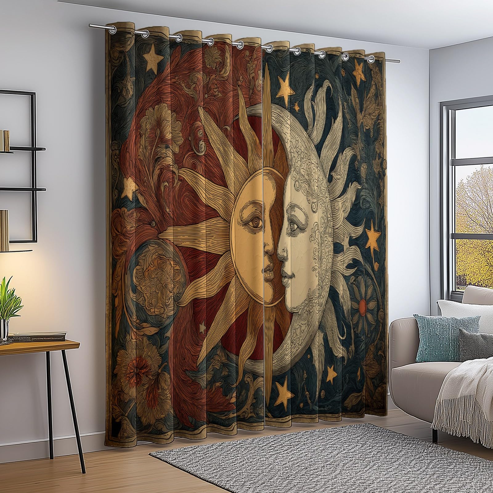 Cortinas Opacas Salon Modernas - Retro Sol Luna Termicas Aislantes Cortinas Corredizas con Ojales, Negro 2 Piezas para Dormitorio Habitación de los Niños 117 An x 229 Al cm
